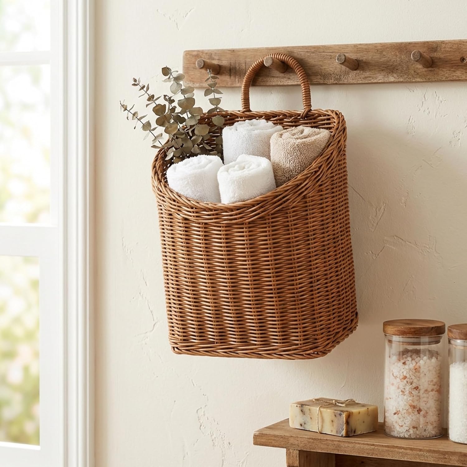 Wall Basket, Rustic Hanging Basket for Organizing with Sturdy Metal Frame, Boho Decorative Wall Baskets for Kitchen, Garden or Home Decor..