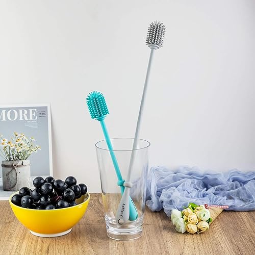 Vista 7 de LeMuna Cepillo de silicona para botellas, juego de cepillos limpiadores de botellas de agua con cepillo para popote para contenedores de cuello