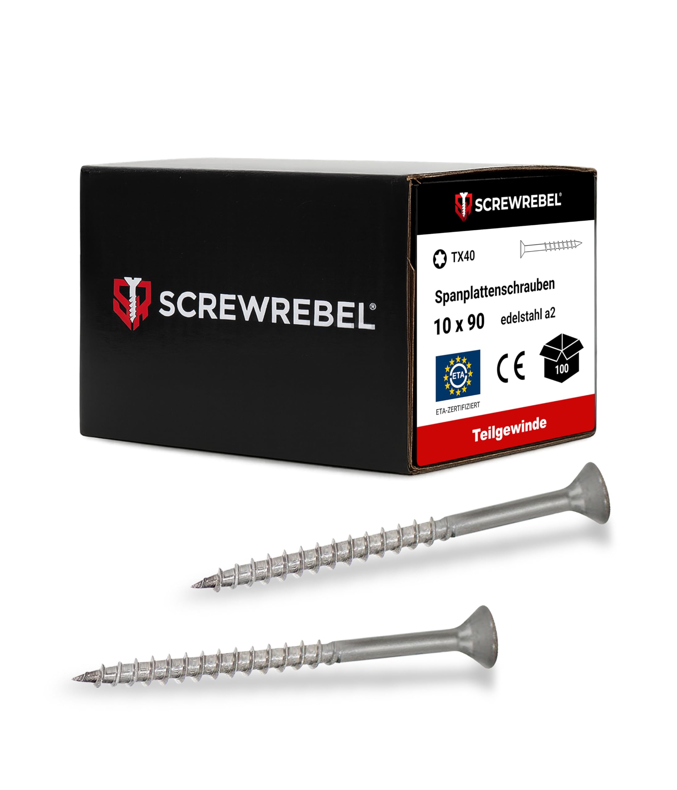 SCREW REBEL® Spanplattenschrauben 10x90 mm [100 Stück] – Edelstahl A2 rostfrei mit Teilgewinde & Senkkopf – TX40 Antrieb – Holzschrauben mit ETA-Zulassung