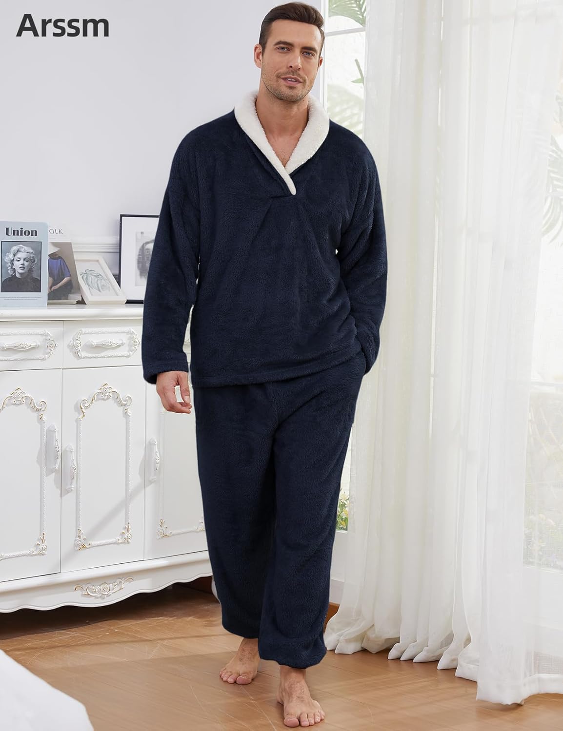 Arssm Mens Fluffy Pajamas Set 2 Piece Fleece Pjs Loose Plush Winter Warm Cozy Loungewear Sleepwear - Image 8