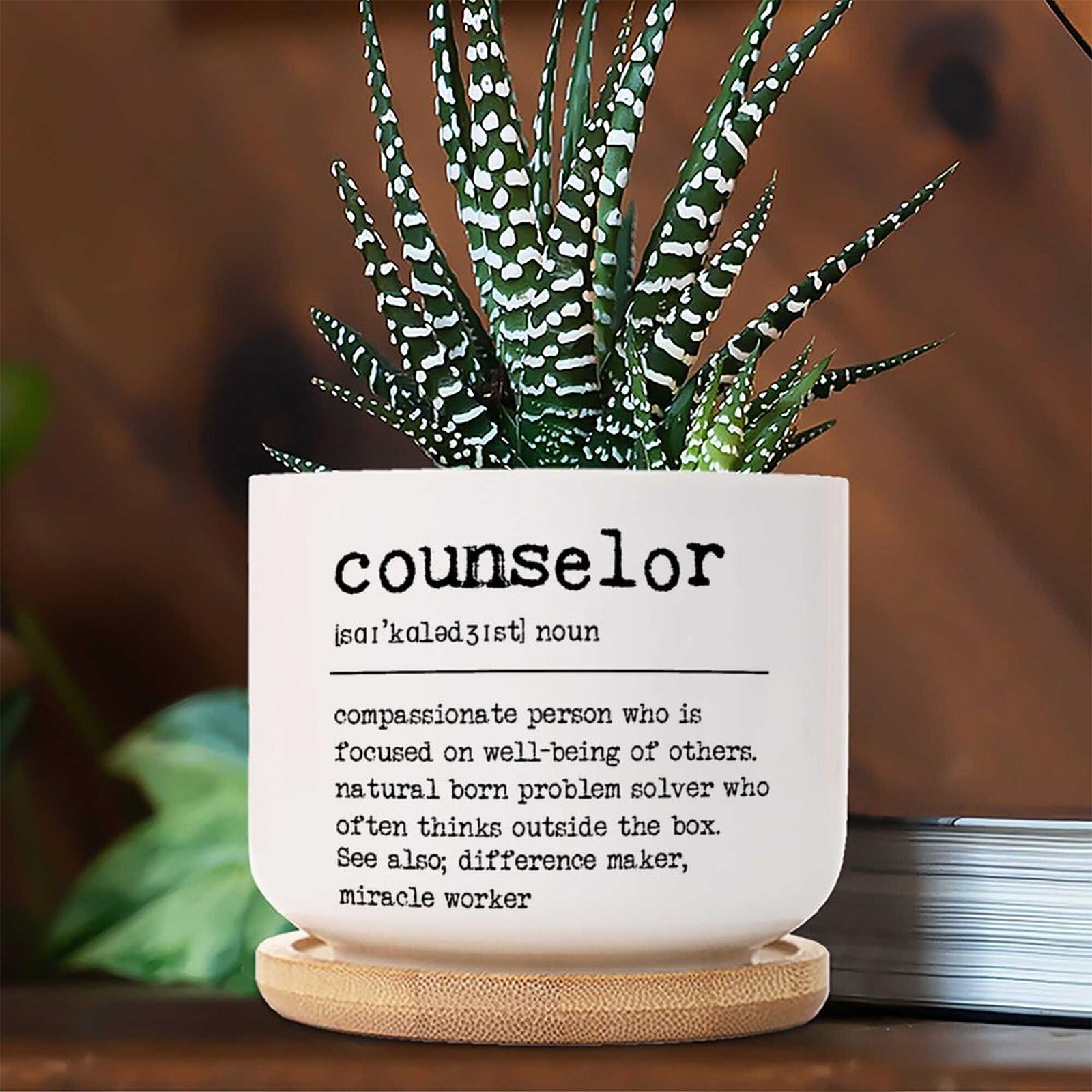 Keramik-Übertopf „Best Counselor Ever“ – Mit Bambusuntersetzer, 3,5 Zoll, Für Sukkulenten & Deko