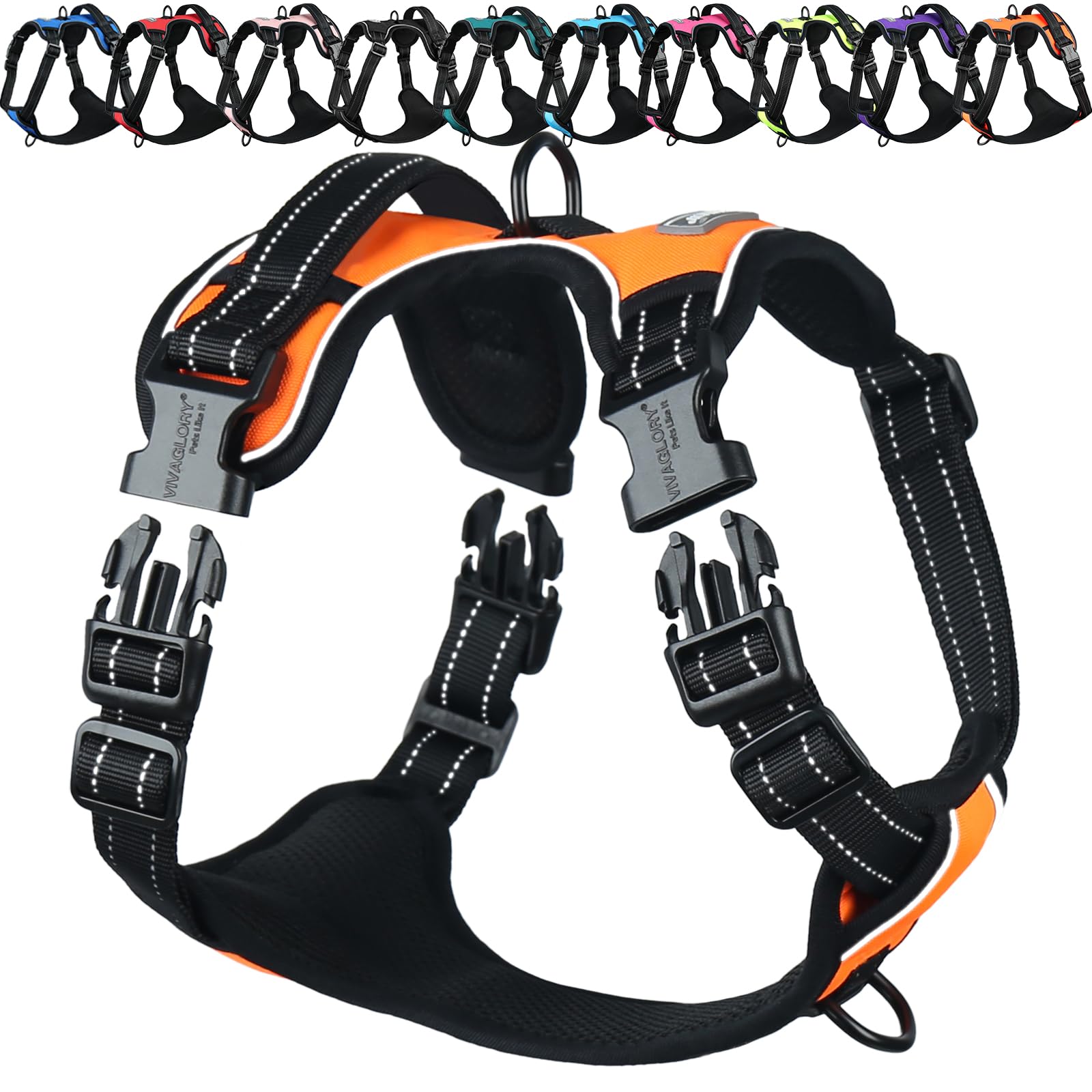 VIVAGLORY Dog Harness Easewalk No Pull Dog Harness with Handle Front Clip & Back Clip for Training Walking Lifting, No Pull Adjustable Easy On Padded Comfortable for Pet, L, Orange - Plain