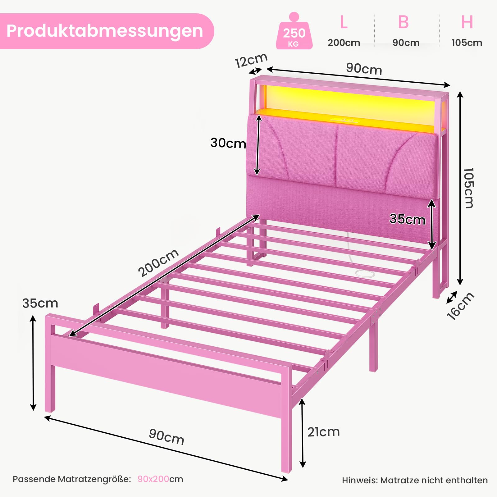 Brinlawb Mädchen Bett 90x200 cm mit LED Beleuchtung und Ladestation (2 AC-Steckdosen, 1 USB-A, 1 USB-C) Bettgestell Jugendbett mit gepolstertem Kopfteil und 2 offenen Regalen, Kinderbett 90x200 Rosa