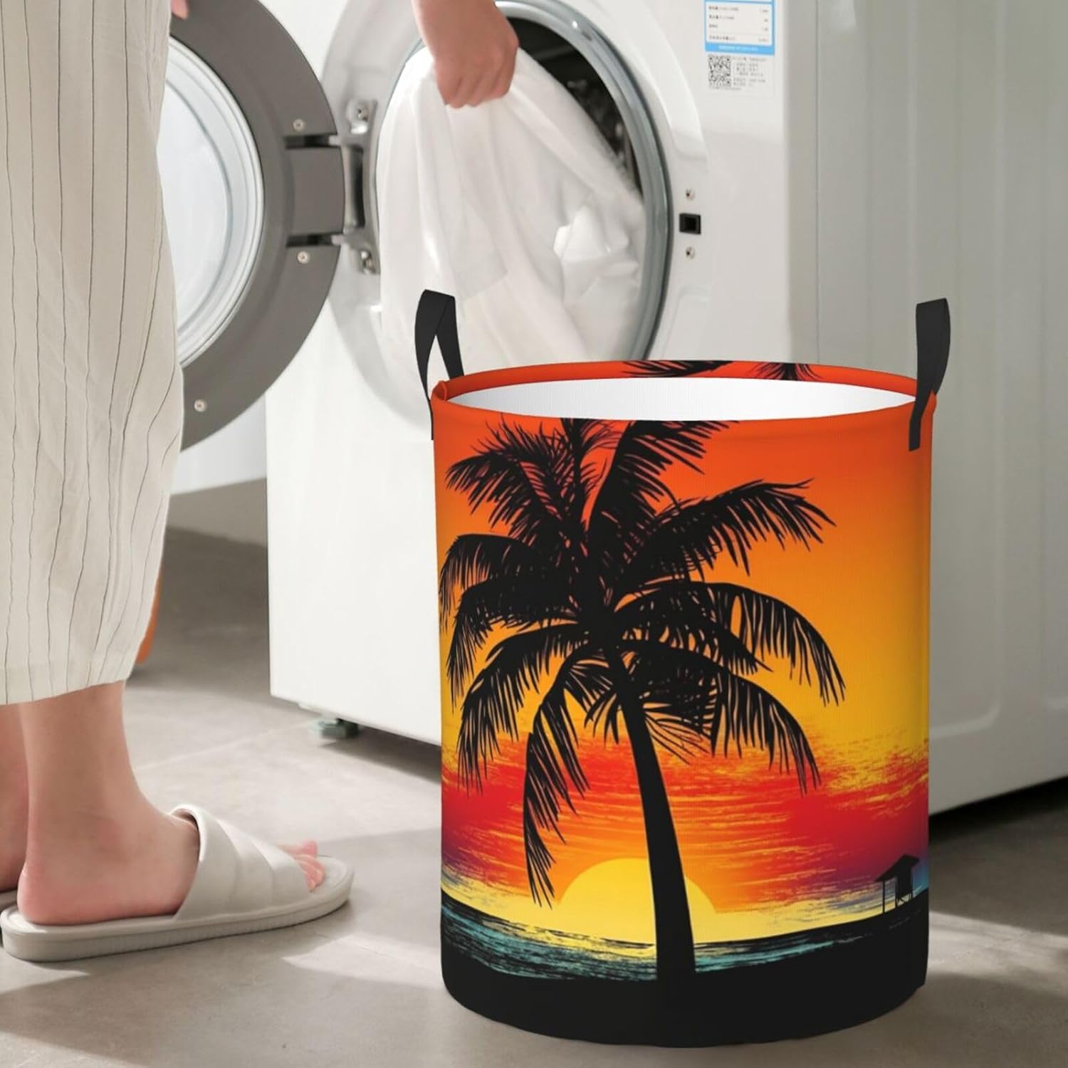 Sunset palm tree Laundry Basket With Handles, Foldable Laundry Hamper Oxford Cloth Dirty Clothes Basket Waterproof Clothes Toys Storage Bin Organizer for Bedroom Bathroom Dorm