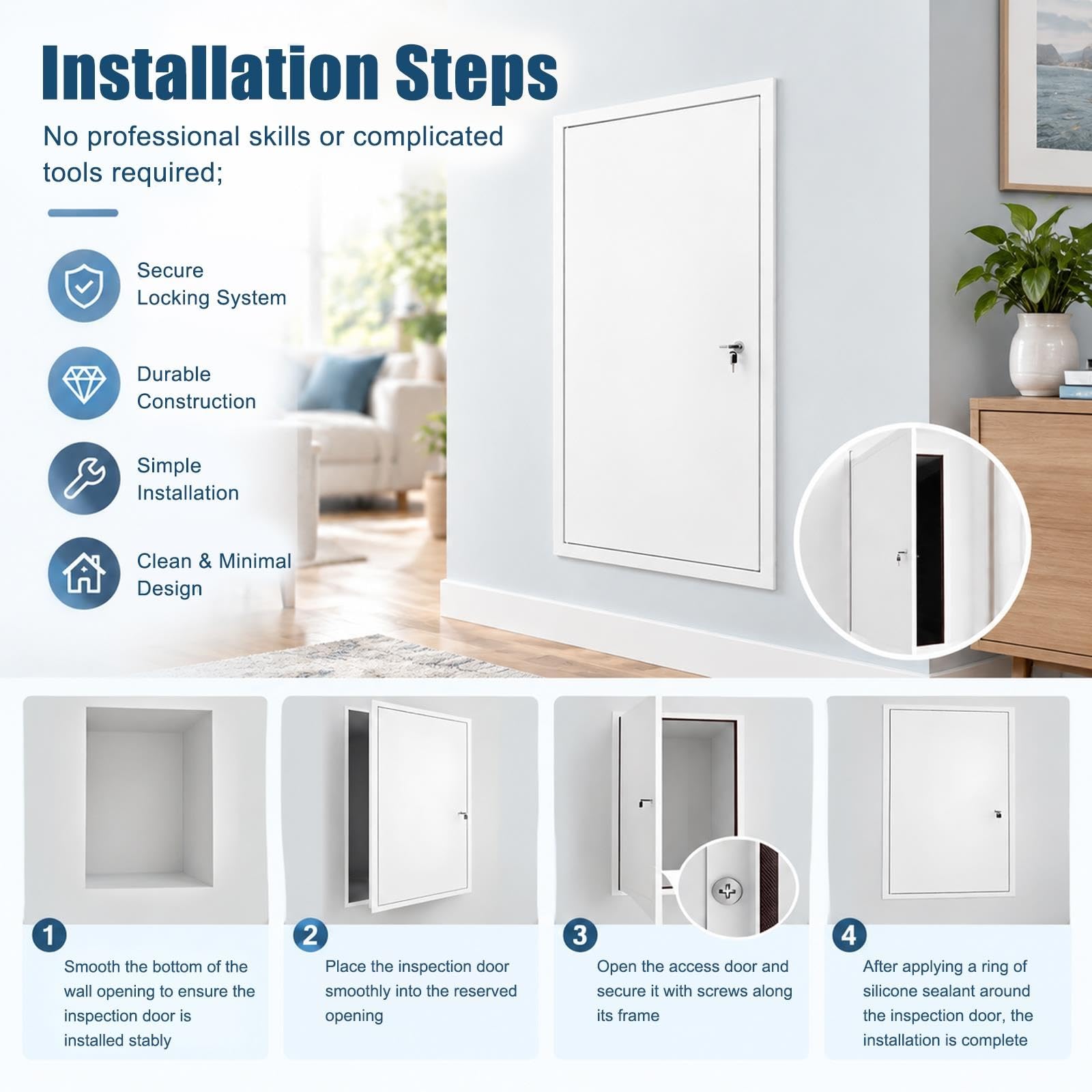 Puerta de acceso de aluminio duradera para áticos con sistema de bloqueo seguro y llaves, ideal para el mantenimiento de la fontanería y el equipo, fácil instalación, uso versátil en hogares y espacio