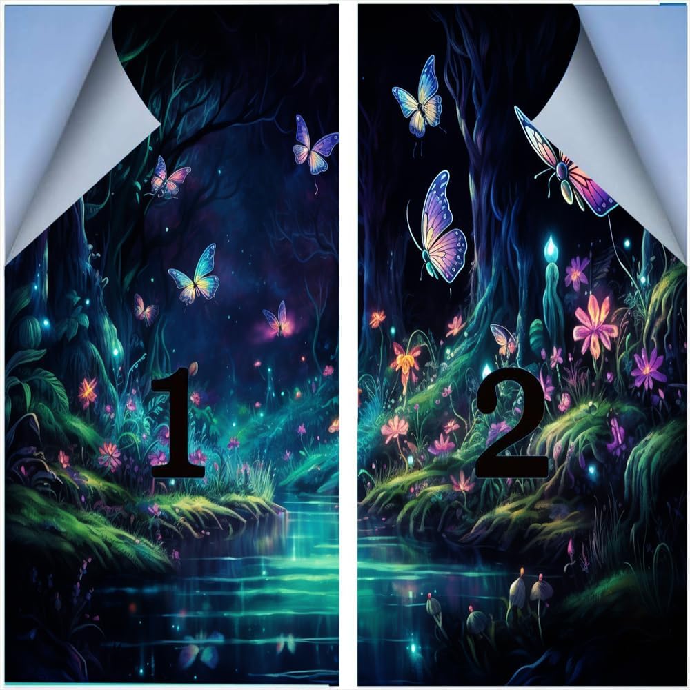 Mysterious Forests Window Film Heat Blocking Beautiful Butterflies Wildflowers Rivers Privacy Window Decor Glass Door Covering Self-Adhesive Window Film for Bathroom 31.5Wx47.2L-inch x2 Pcs
