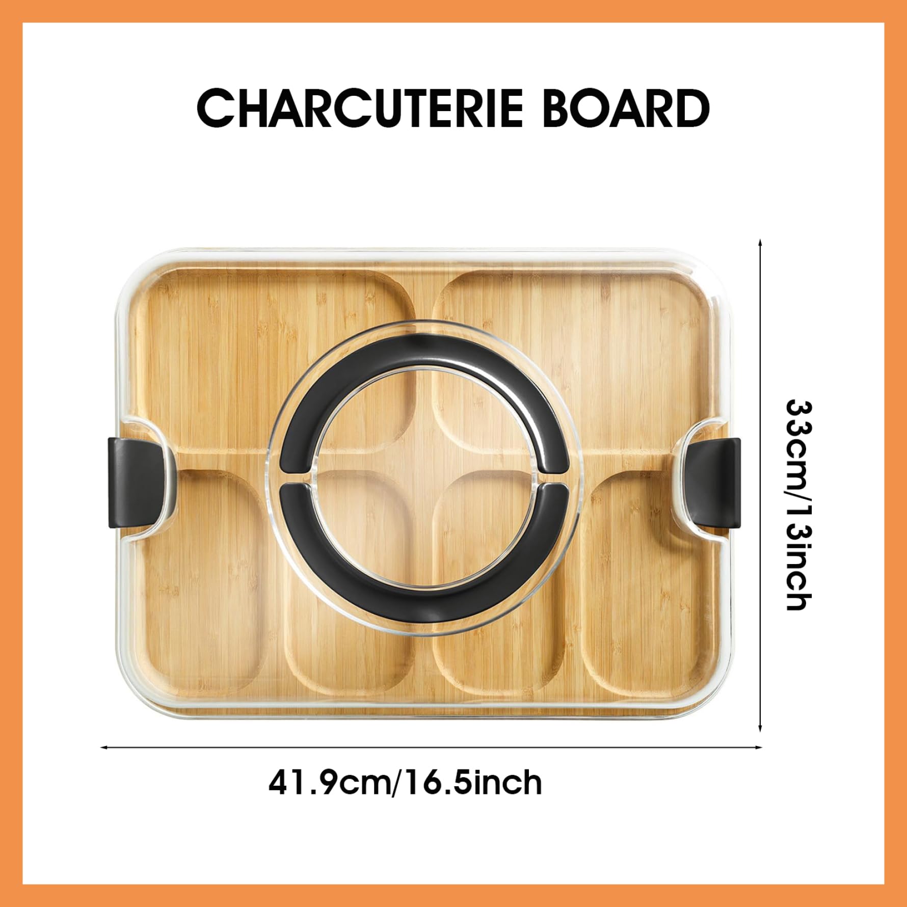 Tabla para embutidos con tapa Tablas para embutidos de bambú con tapa transparente, asas, bandeja para servir 6 compartimentos para aperitivos de comida de cocina