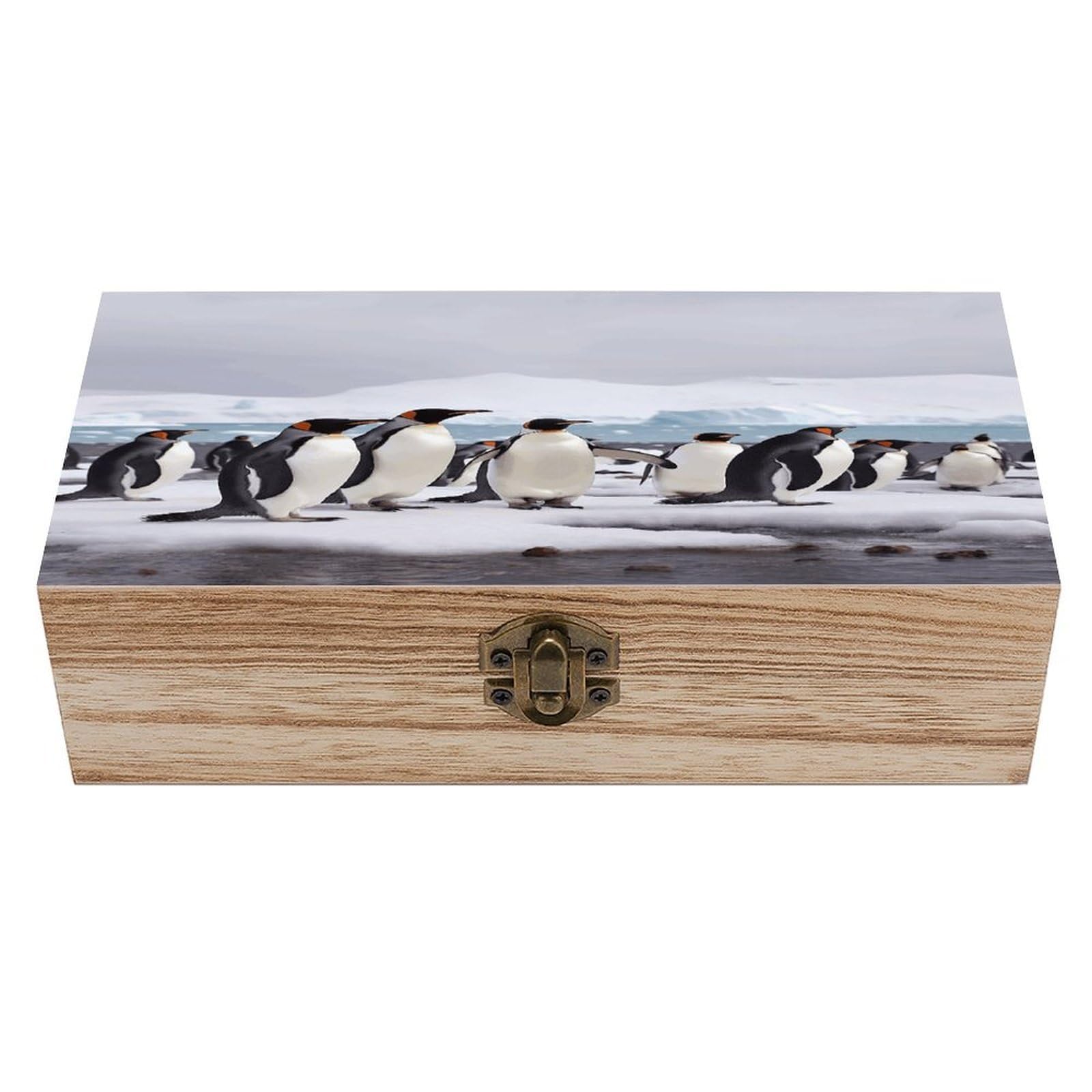 VstaDank Antarctica Penguins Wooden Storage Box Wooden Keepsake Box with A Hinged Lid Fashion Memory Treasure Boxes Decorative Jewelry Case for Crafts Photo Home Decor Wood Gift Box