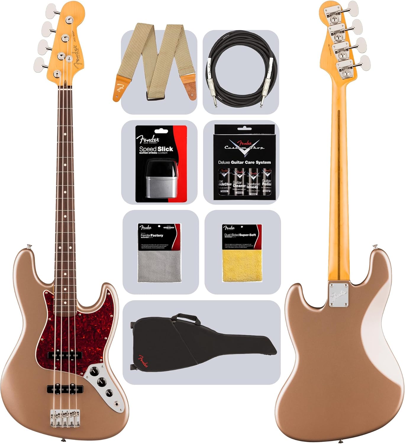 Fender American Professional Classic Jazz Bass - Faded Firemist Gold Bundle with Gig Bag, Strap, Cable, and Guitar Cleaning Kit