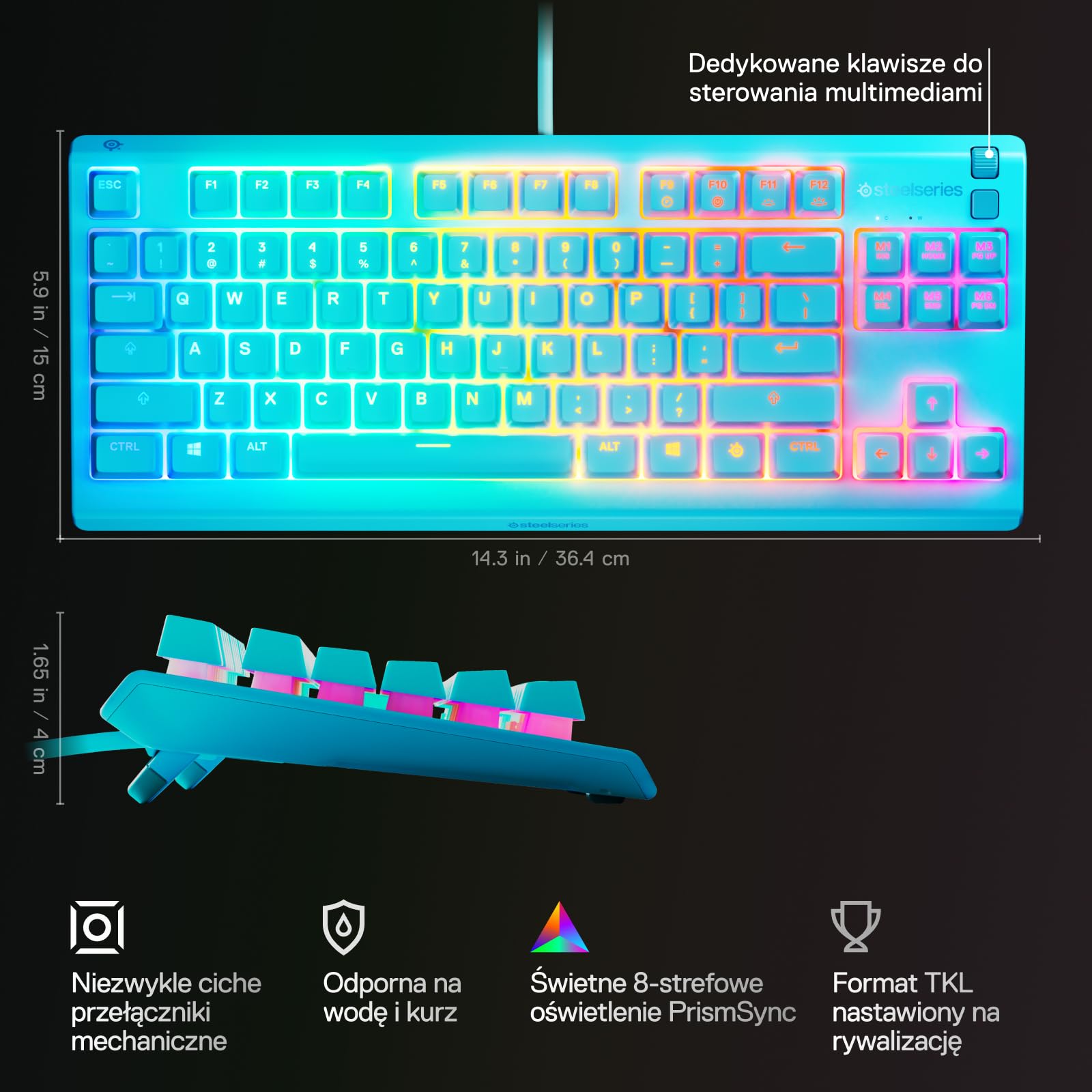 SteelSeries Apex 3 TKL Aqua RGB - klawiatura dla graczy – Obudowa bez części numerycznej – 8-strefowe podświetlenie RGB – Odporna na wodę i kurz – Niezwykle cichy przełącznik mechaniczny - US QWERTY