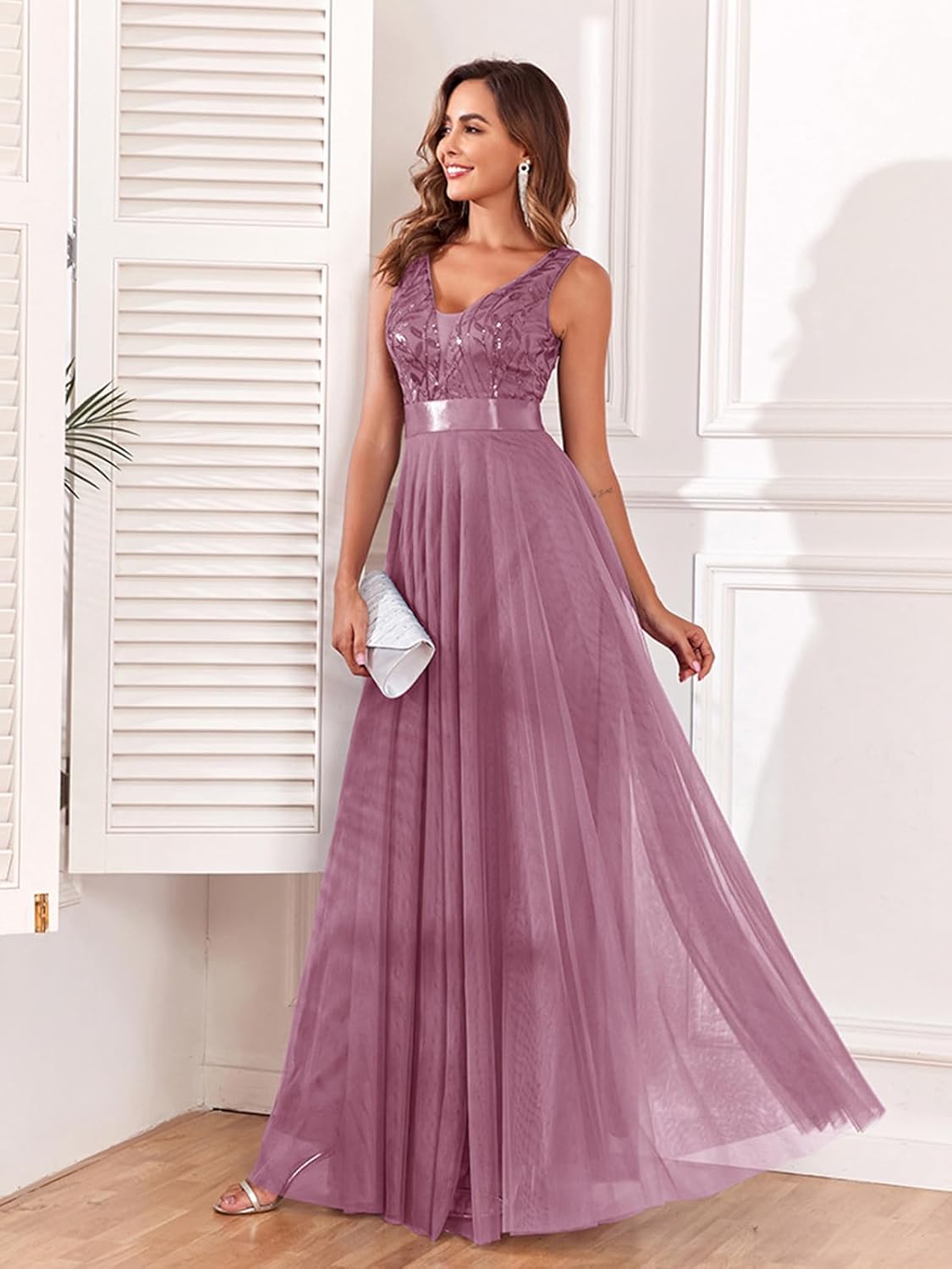 Women's Formal Dresses Long Evening Gowns Tulle V Neck Sleeveless Sparkly Sequin Cocktail Party Wedding Guest Dress - Image 2