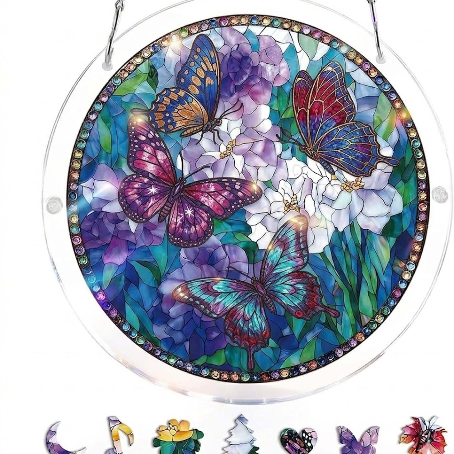 83 Pieces Hanging Acrylic Suncatcher Puzzle,DIY Acrylic Jigsaw Puzzle for Adults, 2mm Transparency Acrylic, Acrylic Suncatcher Puzzles for Doors Garden Window (Butterflies A, 7 Inches) — image 1