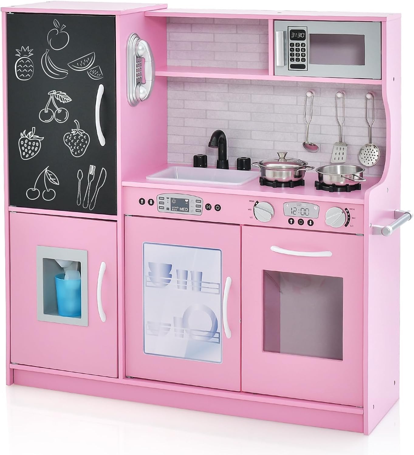Kids Kitchen Playset, Wooden Little Chef Pretend Toy Set w/Chalkboard, Telephone, Utensils, Oven, Microwave, Sink, Storage, Pretend Playset for Toddlers, Gift for Boys Girls (Pink) — image 1