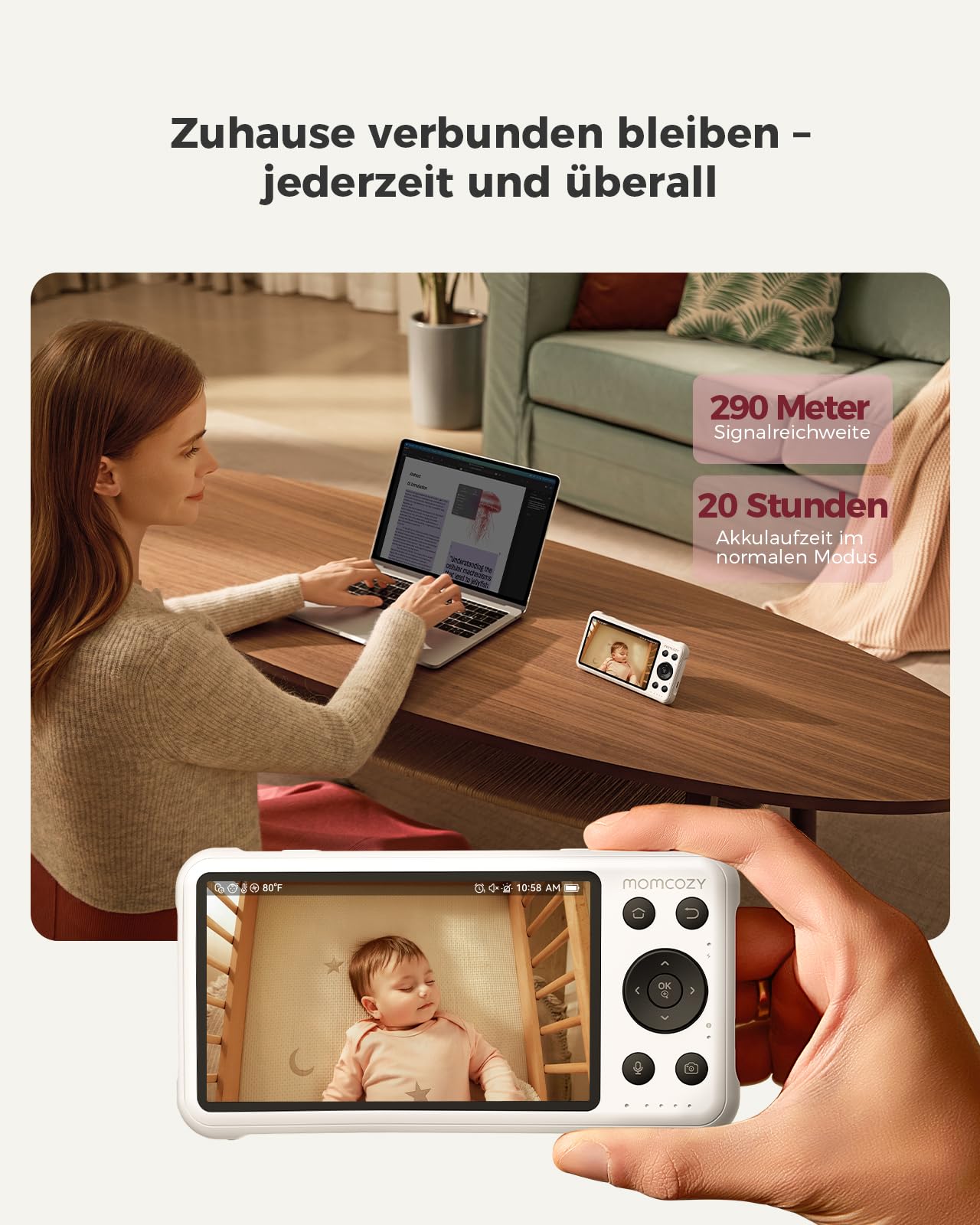 Momcozy BM04 Video Babyphone mit 2 Kameras & App, 1080P 5-Zoll WLAN Babyfone Monitor, 4X Zoom, Bewegungs- & Weinerkennung, sicherer Zaun, klare Nachtsicht, 2-Wege-Gespräch, Foto- & Videoaufzeichnun