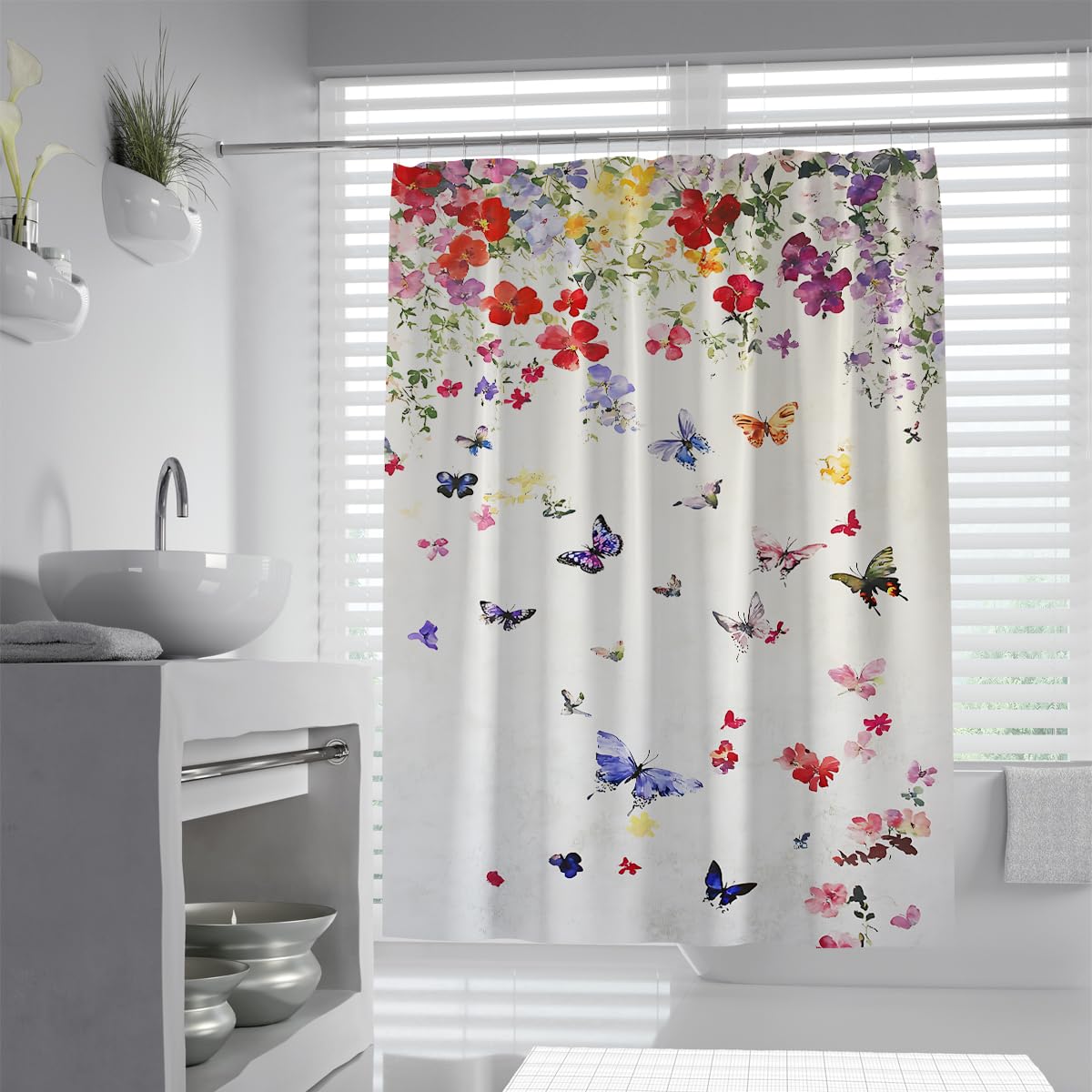 UERWOWELL Minimalist Spring Shower Curtain Butterfly Floral Vine Blossom Pattern Bath Curtains Watercolor Fabric Shower Curtain for Bathroom W200xL200 cm