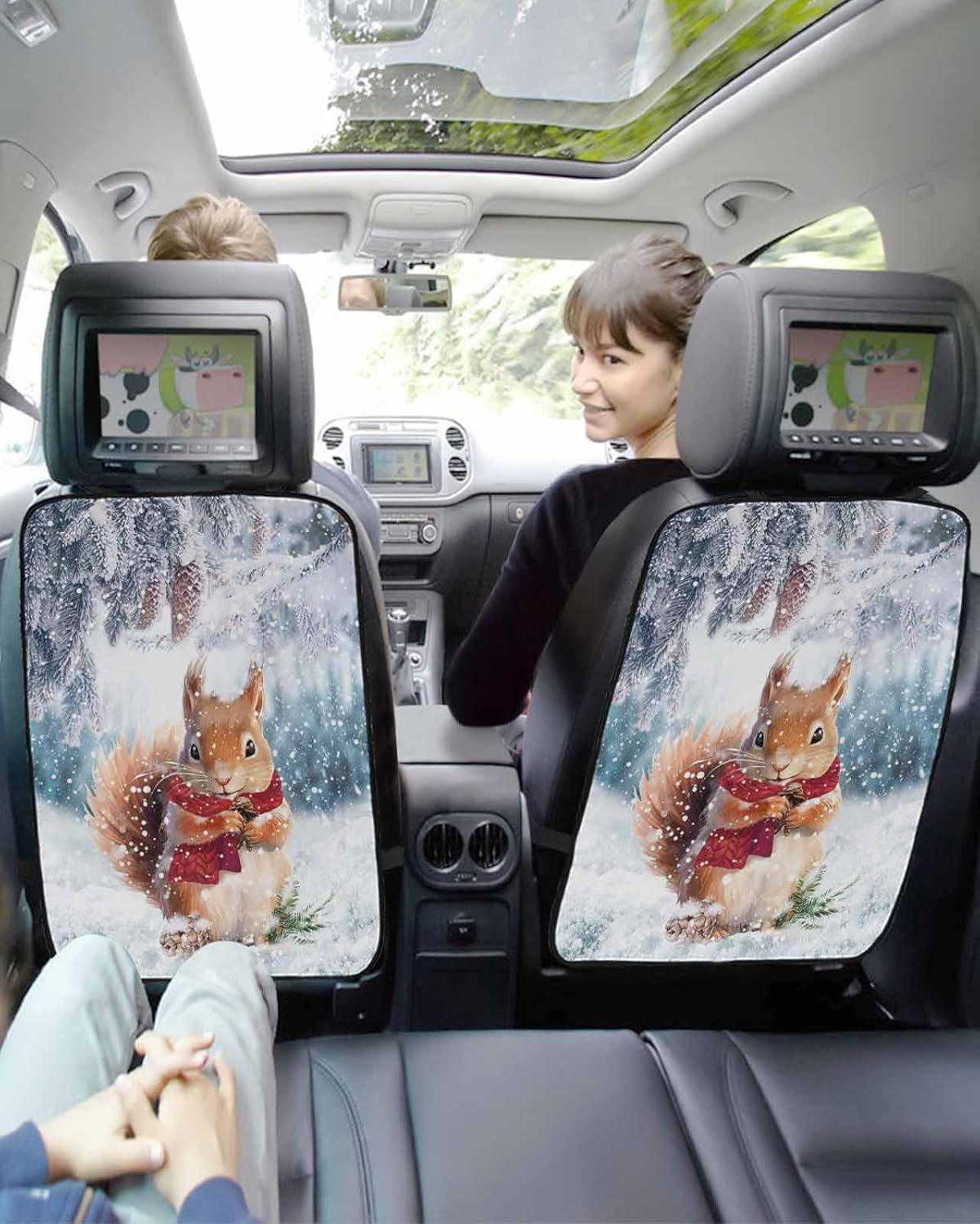 Car Seat Protector, 2 Pack Kick Mats Back Seat Protector Squirrel and Pine Cone Animal Pine Tree Snowscape Christmas Waterproof Backseat Cover for Kids Universal Fit Automotive Interior Protectors