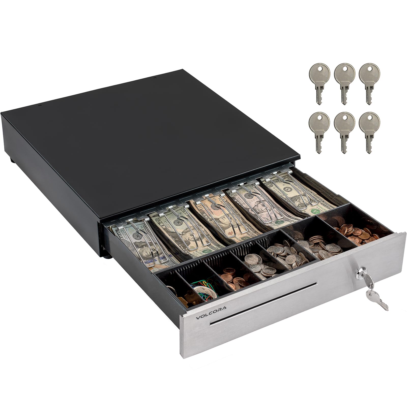 Volcora Tiroir de caisse enregistreuse pour système de point de vente (POS) de 40,6 cm, plateau amovible en acier inoxydable, 5 billets/7 pièces, 24 V, serrure à clé RJ11/RJ12, fente multimédia