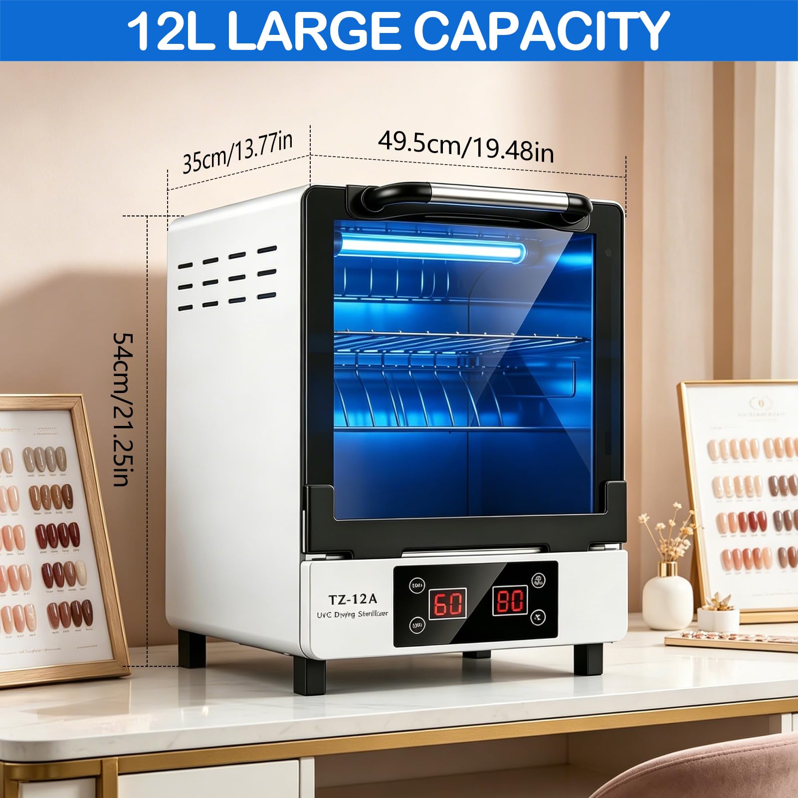 UV Heißluftsterilisator, 12L Sterilisator für Nagelwerkzeuge, UV Heißlufttrocknung 45-80°C, 0-60Min Digital Timer, Edelstahl Desinfektionsschrank für Nagelzubehör, Friseur, Kosmetikstudio