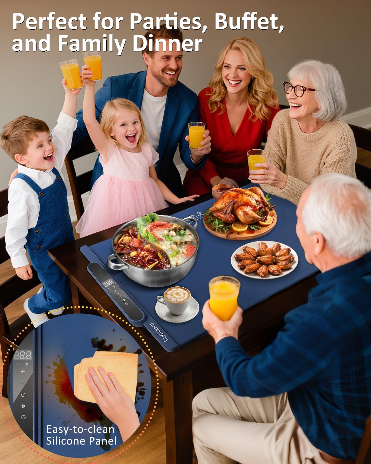 Food Warming Mat, Electric Rollable Food Warmer 10 Levels Temperature & 10-Hour Timer Large Warming Tray with Child Lock for Parties & Buffet, Extra-Long 6.5ft Cord, Navy Blue
