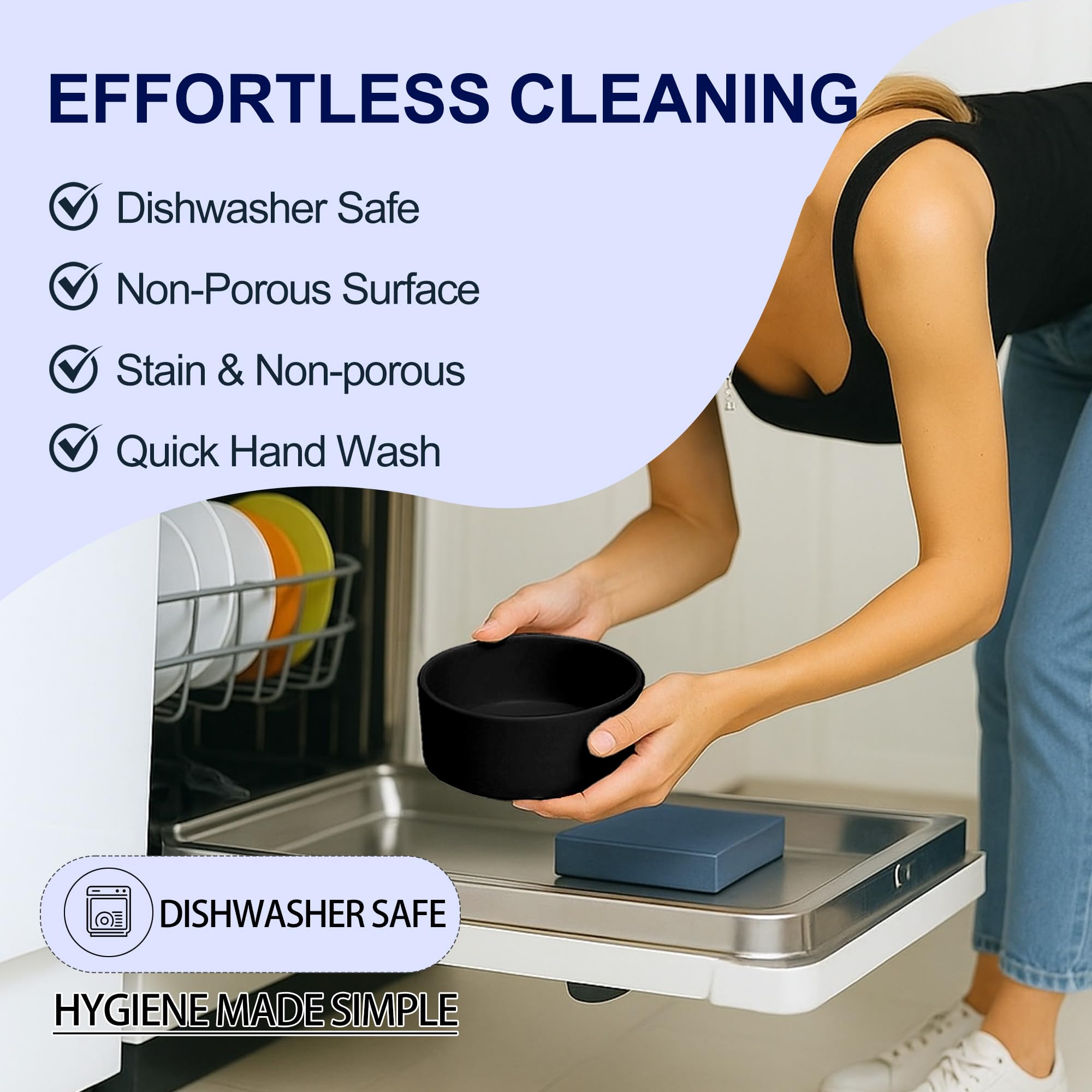 Ceramic Dog Water Bowl, 13.5 oz No Spill Water and Food Bowls for Dogs, Modern Design Dishes for Puppy & Cat, Pet Feeding Station with Weighted Base, Black