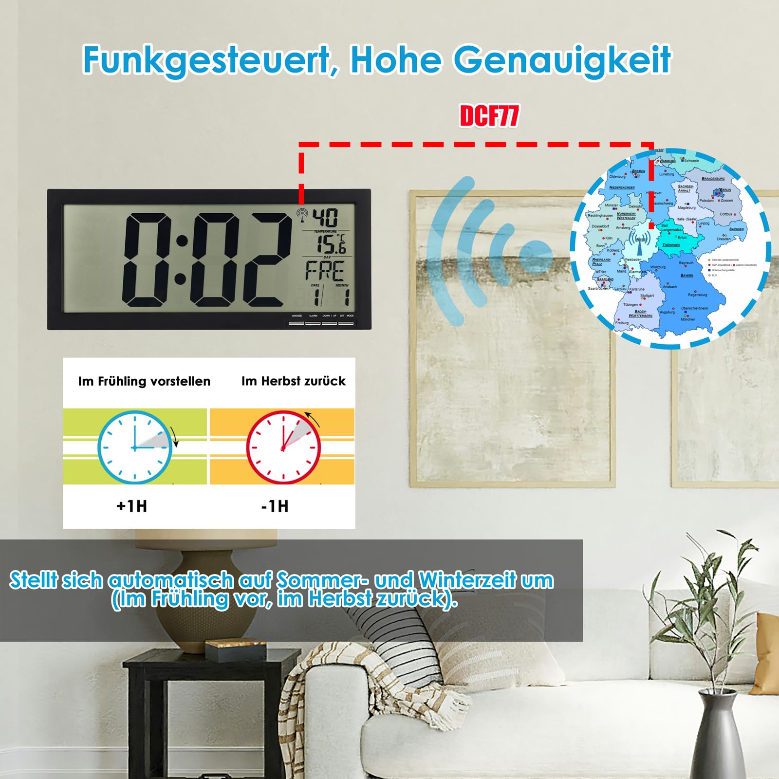 Crosstime Grande orologio da parete digitale per anziani – orologio radio con data, giorno della settimana e temperatura, facile da leggere, nero, 37 x 16 cm