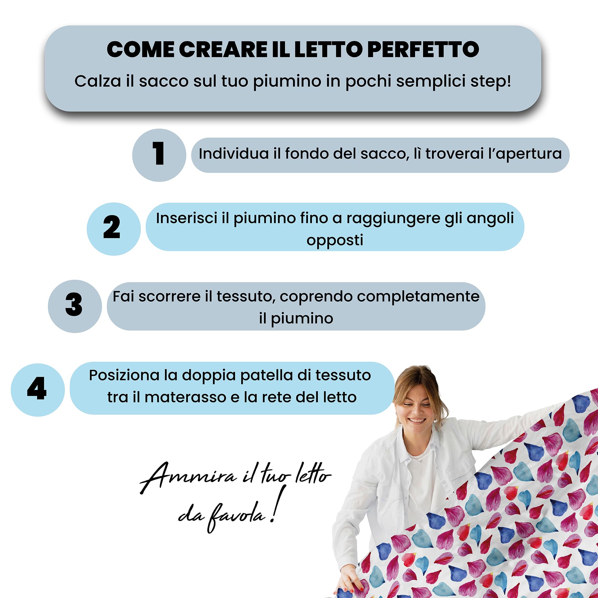 Set Copripiumino Fantasy, Lavorato in Italia - Parure Copri Piumino - Sacco Piumone 250x200 cm con Patella e Federe Cuscino, Matrimoniale, Petali