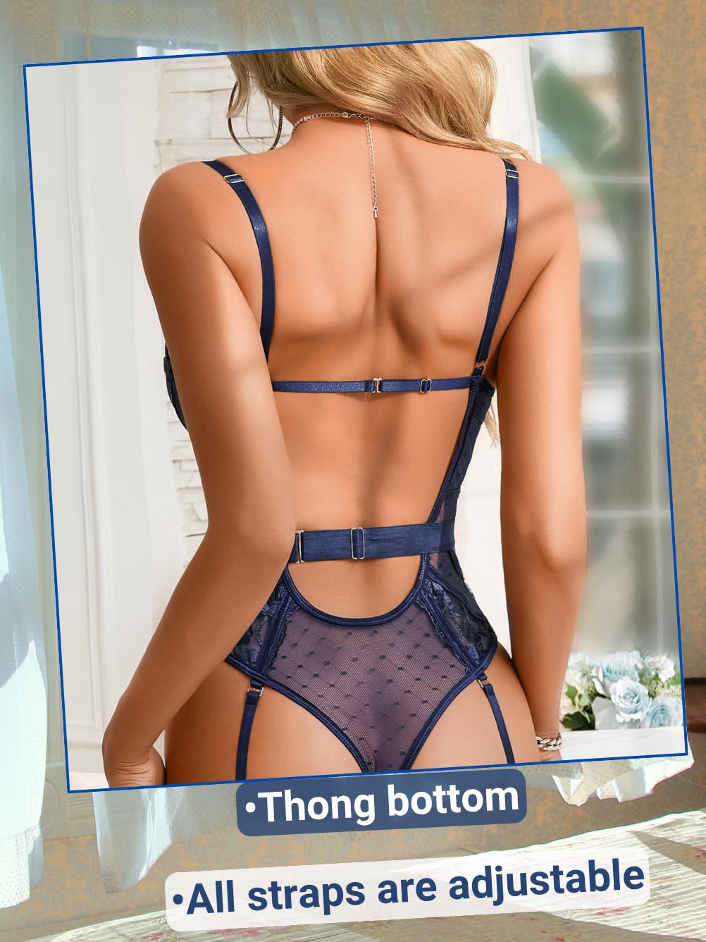Kaei&Shi Floral Embroidered, Underwire, Removable Garter, Thigh Straps, Backless Bodysuit: Navy Blue 2-4