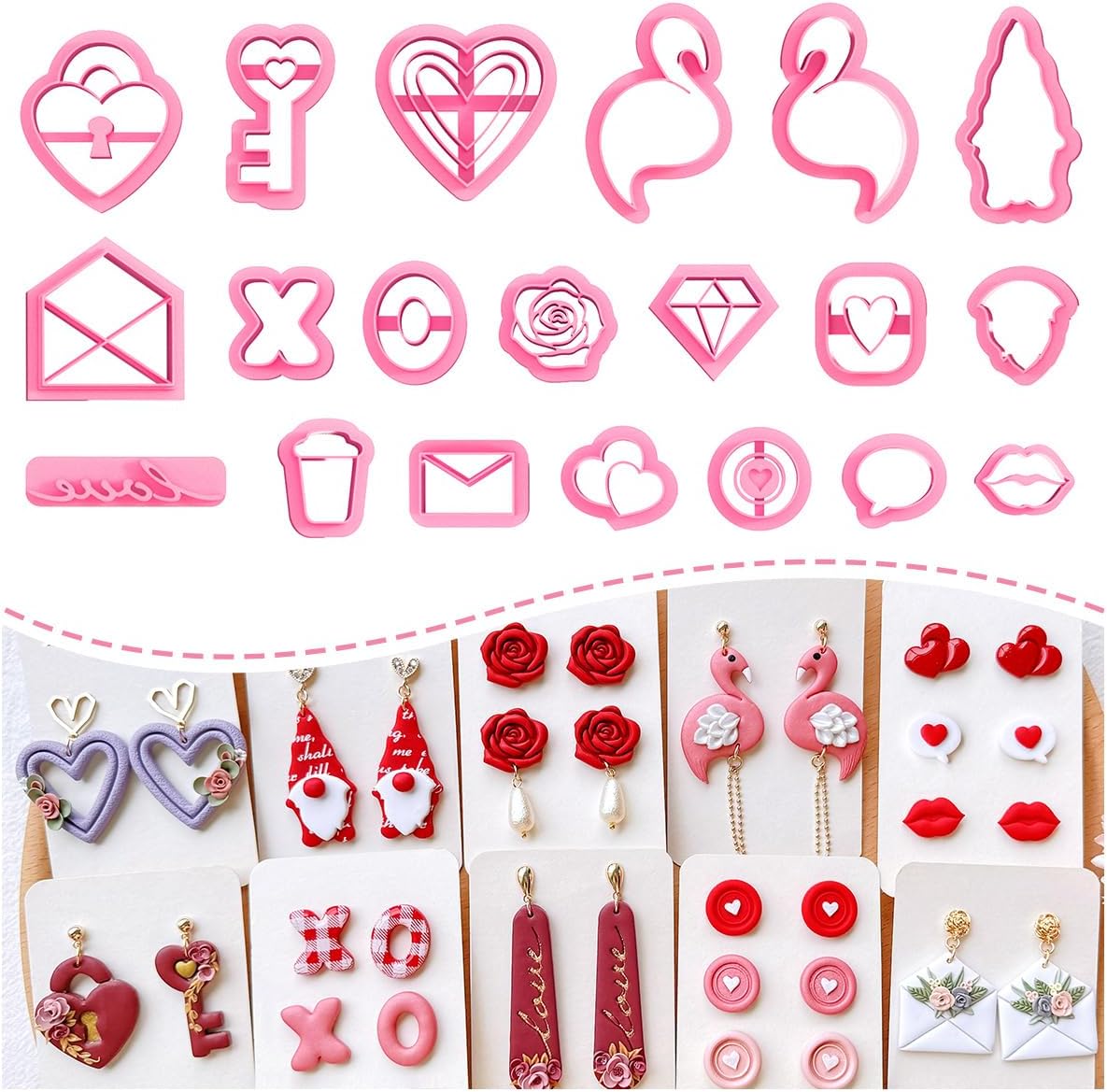Keoker Valentines Polymer Clay Cutters for Earrings Making, 30 Shapes Valentines Clay Cutters for Polymer Clay Jewelry