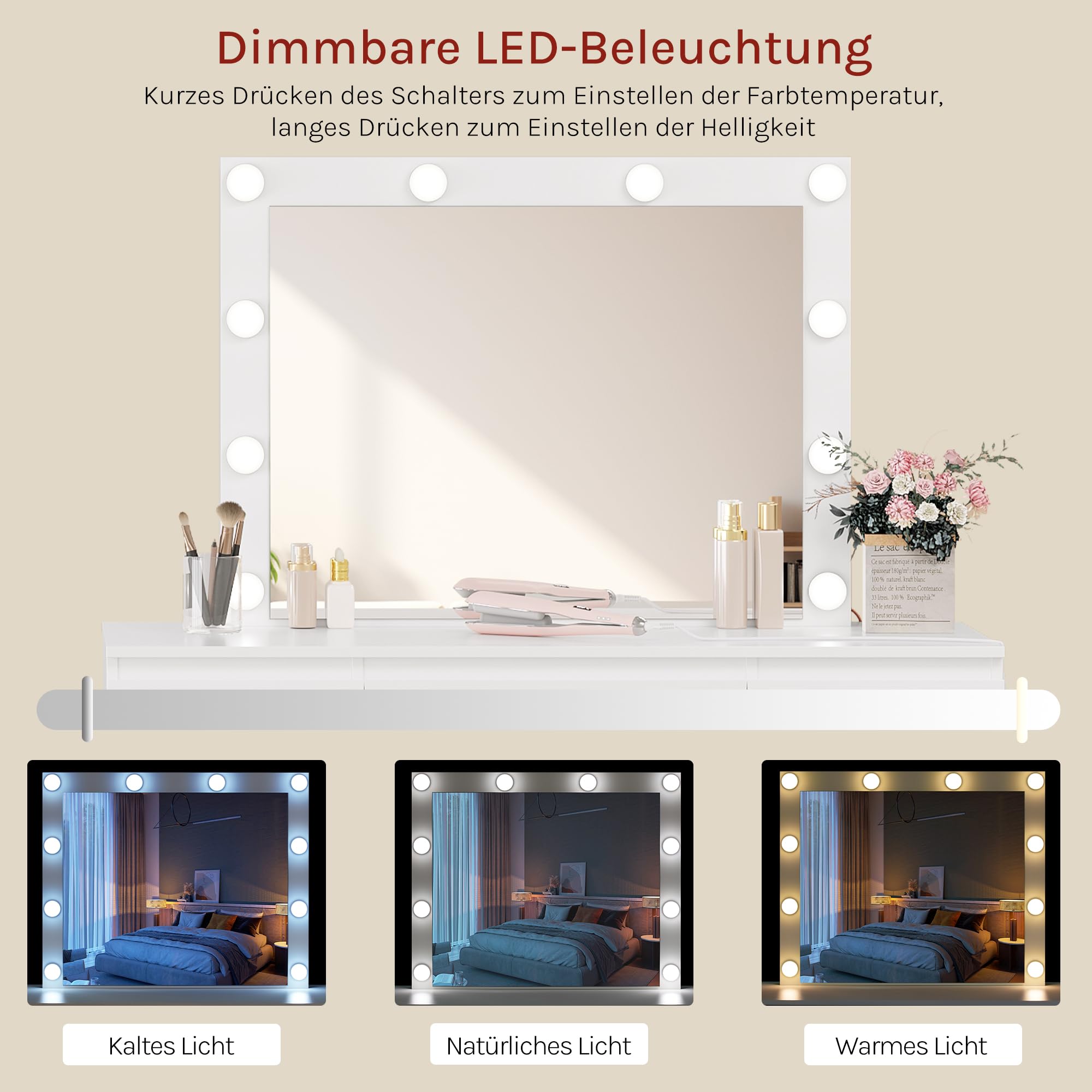 WOLTU Schminktisch mit Beleuchtung Hollywood und Steckdose, einstellbare Helligkeit, Schminktisch mit Spiegel LED, Kosmetiktisch mit 7 Schubladen, 110x140,5x39,5 cm, für Schlafzimmer, Weiß