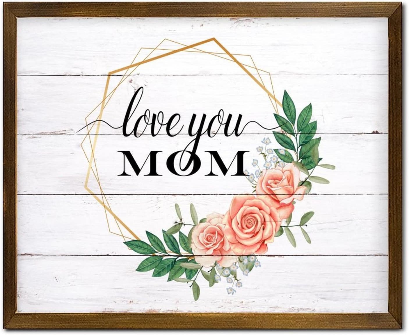 Love You Mom Framed Wooden Sign Fresh Sunflower Flower Wreath Wood Plaque Farmhouse Hello Spring Flower Wood Hanging Wall Art Decoration for Living Room Bedroom Dining Room 16x20 Inch