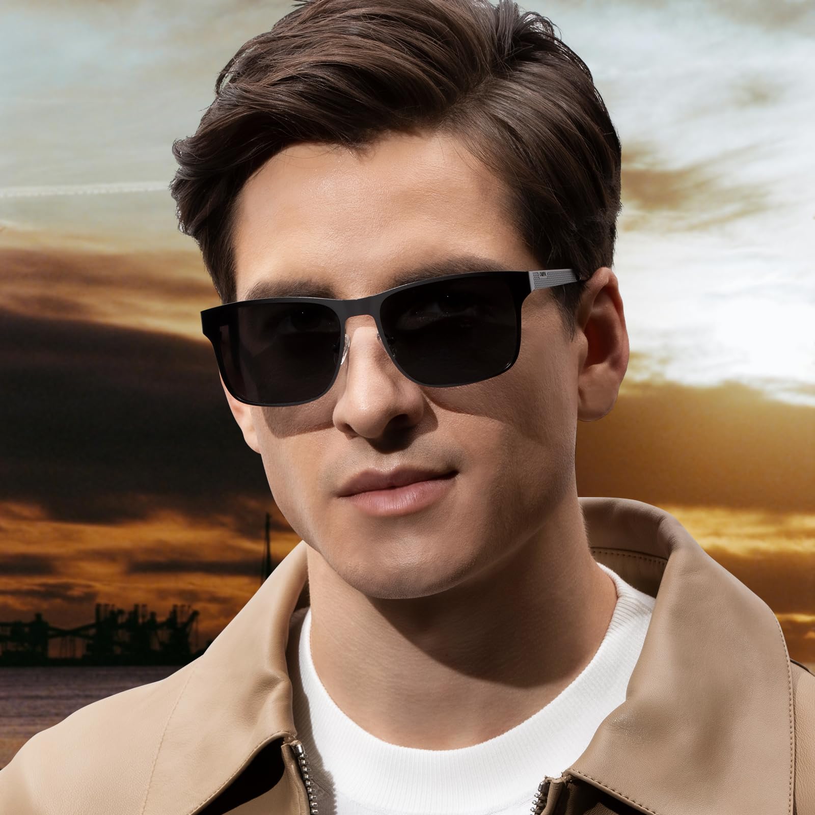 CARFIA Metal Mens Sunglasses Polarized - UV400 Protection Cool Shades with Grid Pattern & Leather Case CA5223