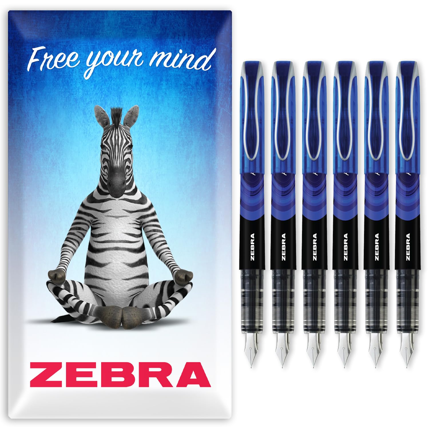 Zebra Fuente Pen - Disposable Fountain Pens - Pack of 6 - Blue Ink - In Zebra Envelope Gift Packaging