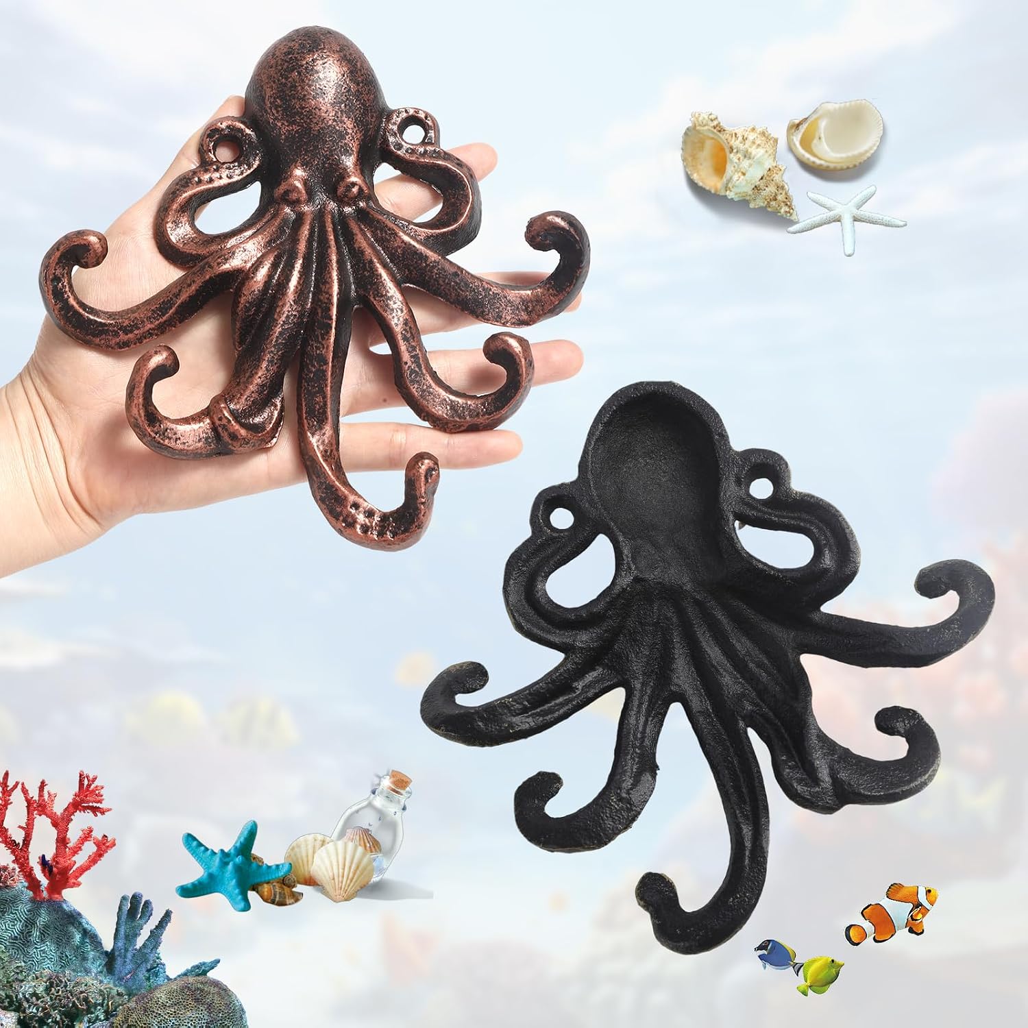ZHAOLU 2-Pack Octopus Wall Hooks, Heavy Duty Cast Iron Hooks with 5 Hooks Each, Red Brass Finish, 55 LB Weight Capacity, Mounting Screws Included for Wall, Door, Fence (Red Octopus, 2PCS)