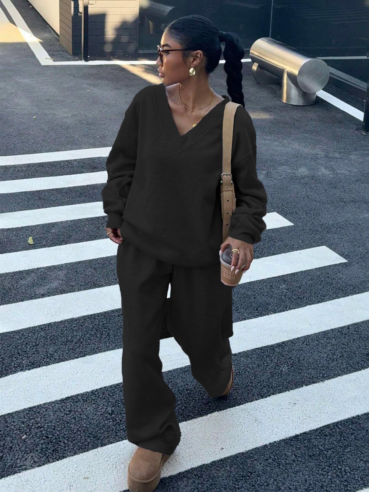 Conjunto de 2 piezas para mujer, sudadera de manga larga, pantalones de pierna ancha con bolsillos, chándal y ropa de descanso — view 8