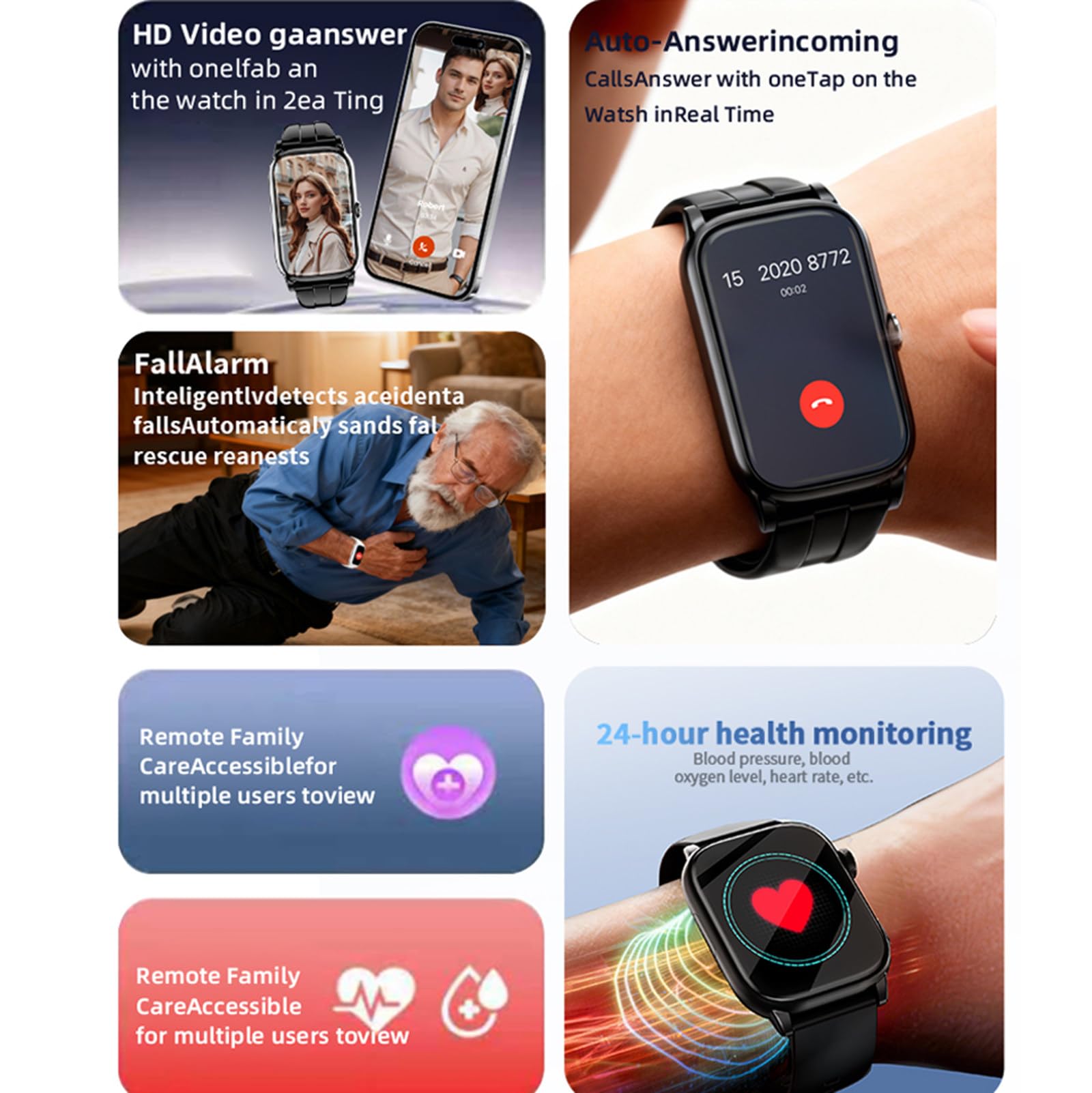 Smartwatch per Anziani con Rilevamento Cadute A | Localizzatore Gps E Chiamata Di Emergenza Sos,Monitoraggio Della Salute, Videochiamata HD, Sistema Di Sicurezza per Alzheimer