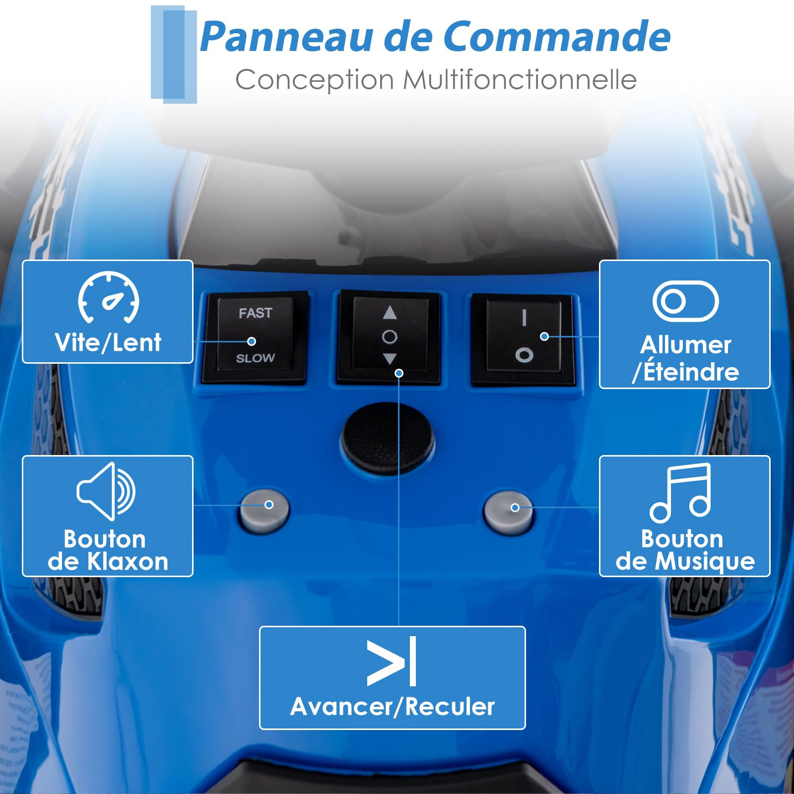 COSTWAY 12V Quad Électrique Enfant avec Musique et Lumières LED, Voiture Électrique Enfants avec Klaxon et Pédale, Démarrage Lent, 2 Vitesses 2,2-4,3 km/h, Charge 35kg pour 3-8 Ans (Bleu)