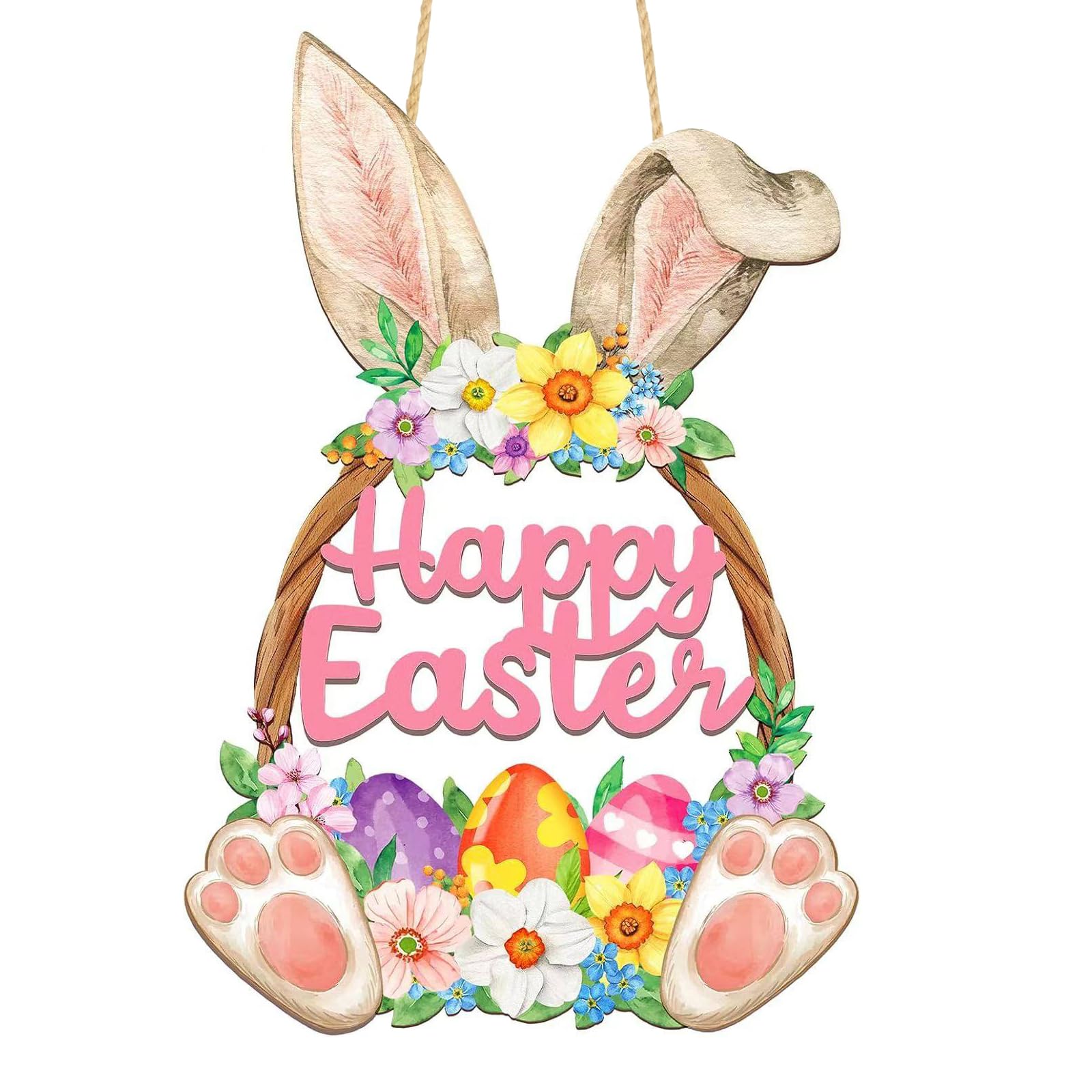 Couronne de Pâques en bois suspension extérieure lapin déco murale