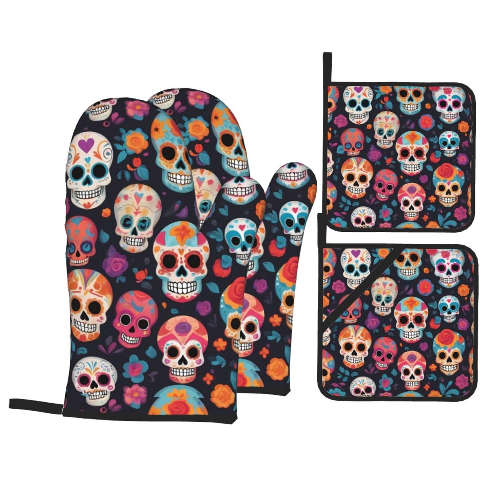 HJFCZH Colorful Sugar Skulls Picture Kitchen Baking Set of 4 Thick Insulated Oven Mitt & Pot Holders, Anti-Scalding for Microwave, Oven, Outdoor BBQ