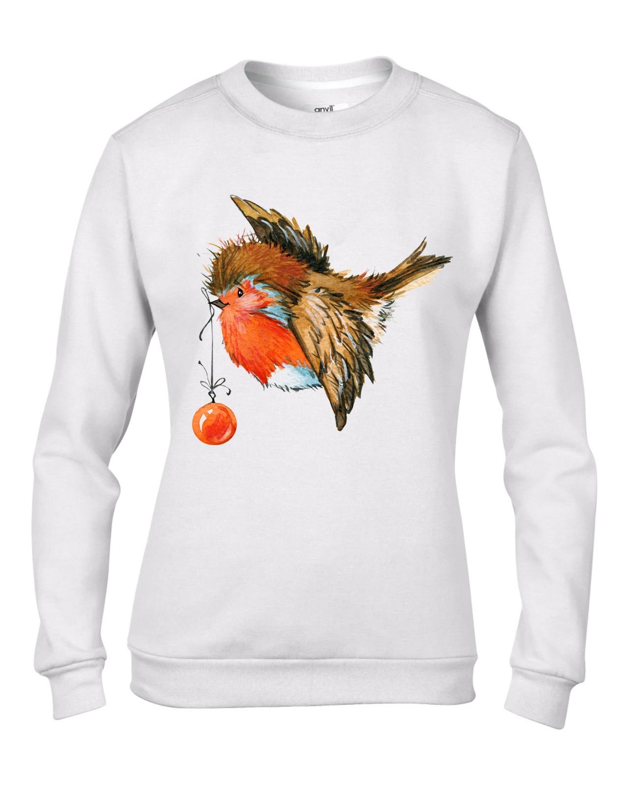 Tribal T-Shirts Christmas Robin With Bauble Cute Women's Sweater Jumper (Large, White)