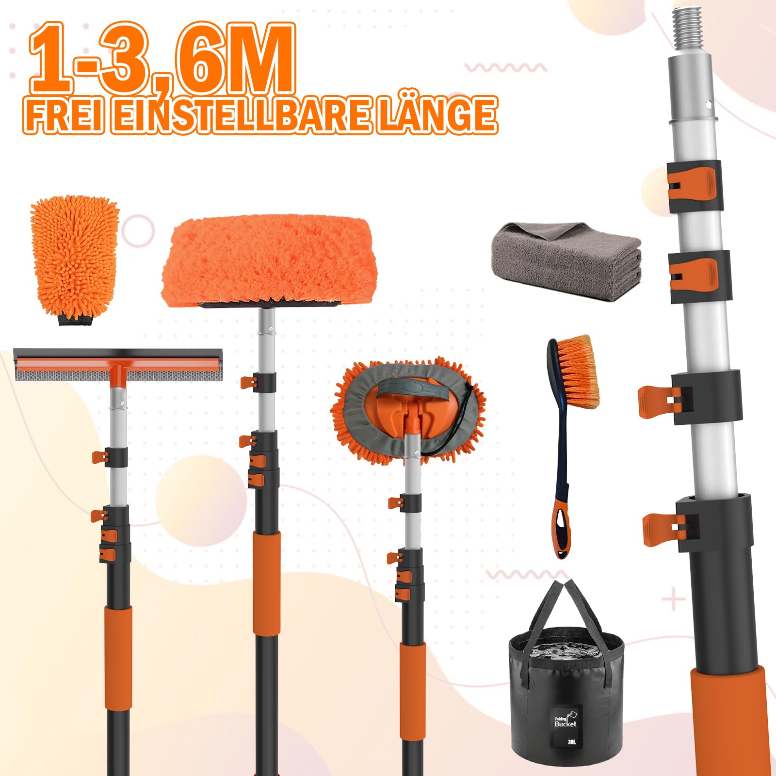 LAANPOLE 3,6M Autowaschbürste mit Teleskopstiel, Fensterputzer, Mikrofaser Mopp, Mitt, Radbürste für Wohnmobil, LKW, Boot, Hausverkleidung