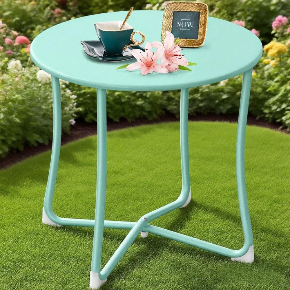 Amagabeli - Mesa auxiliar redonda de metal para exteriores, resistente al óxido, de 18 pulgadas, mesa auxiliar portátil para patio, balcón, jardín, mesita de noche, sala de estar, azul turquesa
