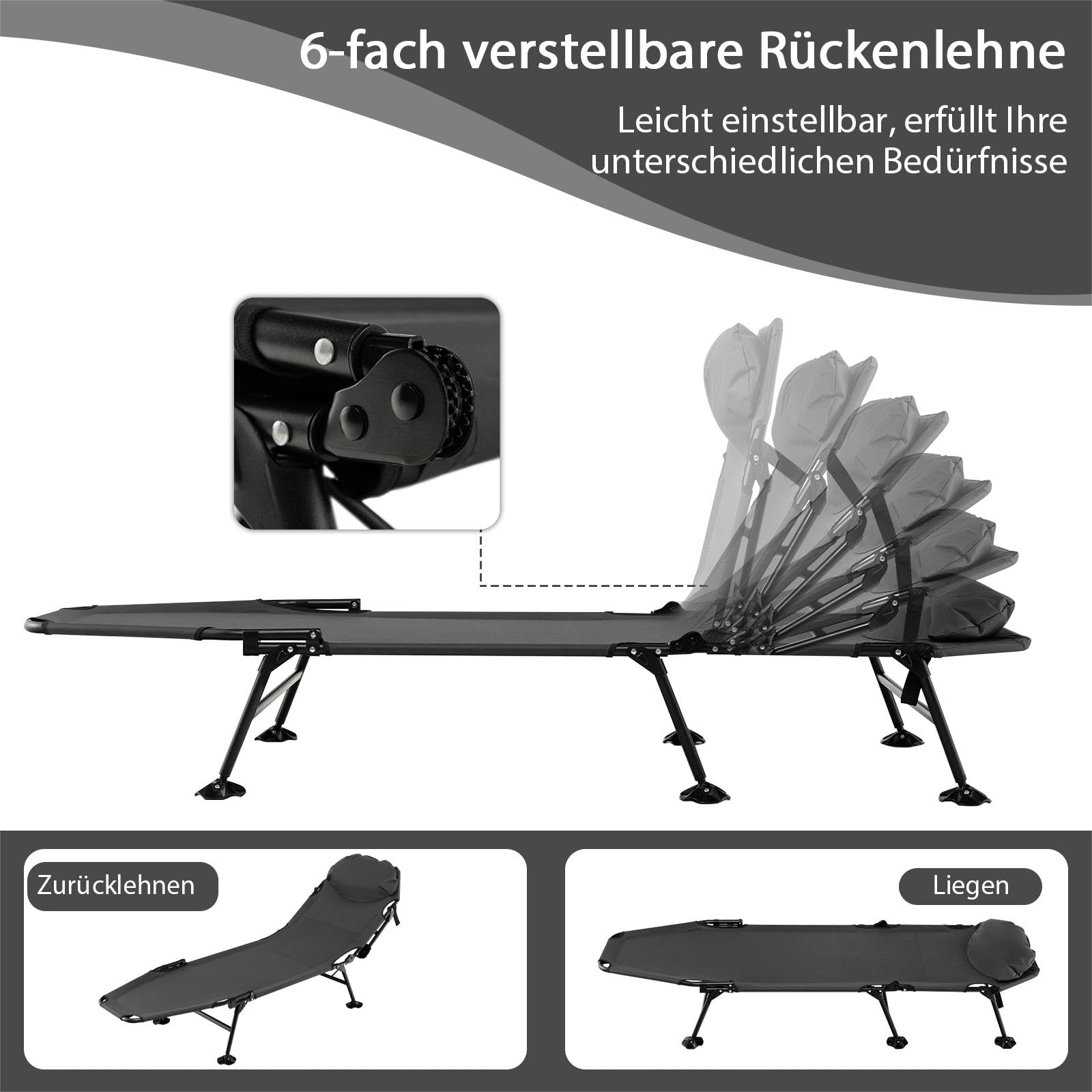 SOARS Karpfenliege klappbar, Angelliege mit 6-Fach Verstellbarer Rückenlehne, Kopfkissen & Matratze, Campingliege 6-Bein mit großen Schlammfüßen bis 200 kg belastbar, 194 x 66 x 29 cm