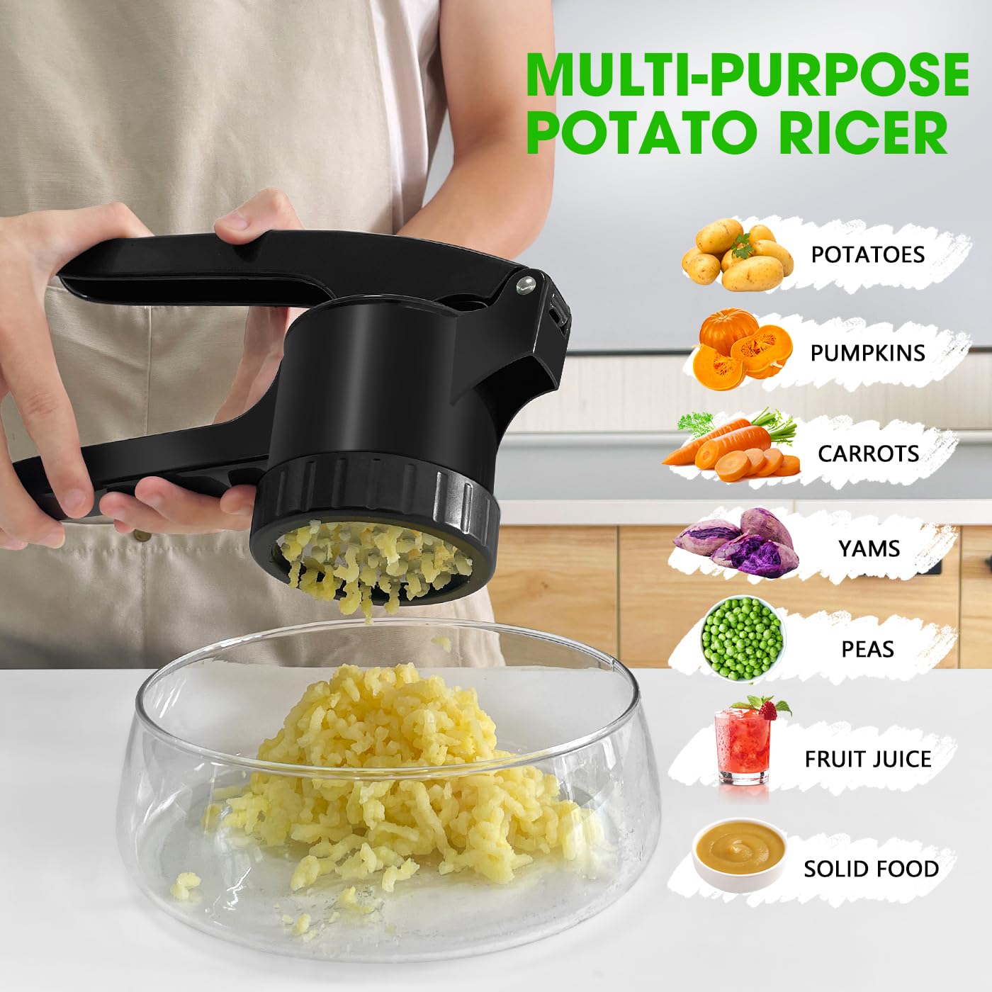 LHS Kartoffelpresse Kartoffelstampfer Kartoffelstampfer für Kartoffeln mit 3 austauschbaren Scheiben, Große Kapazität Kartoffelstampfer und Ricer Küchenwerkzeug für Obst, Gemüse, Babynahrung, Schwarz