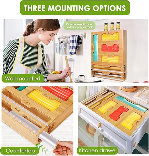 Miniatura 8 de Organizador de papel de aluminio y plástico 6 en 1 para cajón de cocina, dispensador de envoltura de plástico con cortador, papel de bambú y