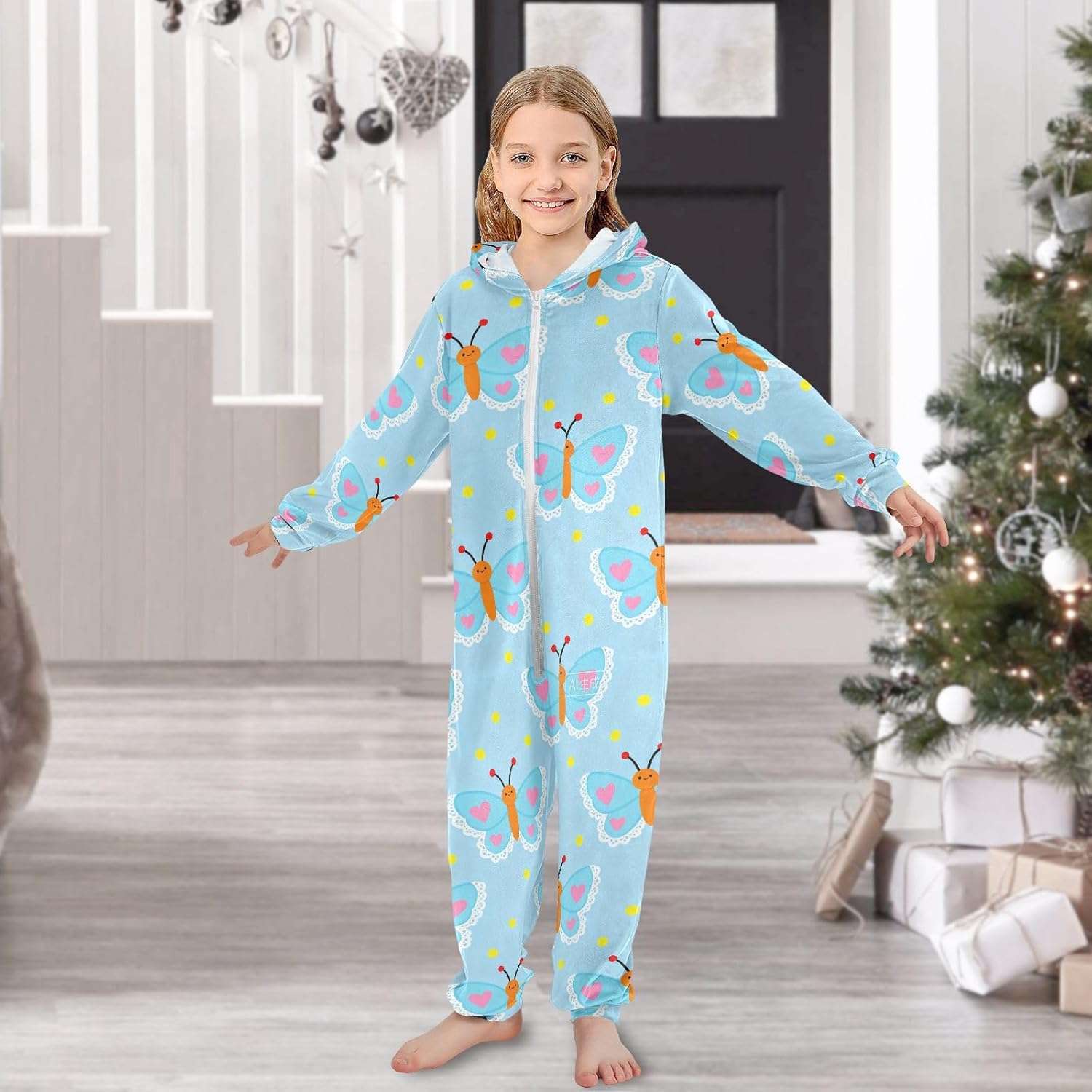 Cute Blue Butterfly Kids Onesie Pajamas Cute Soft Hooded Boys Blanket Sleeper Pjs for Kid pijamas con capucha para