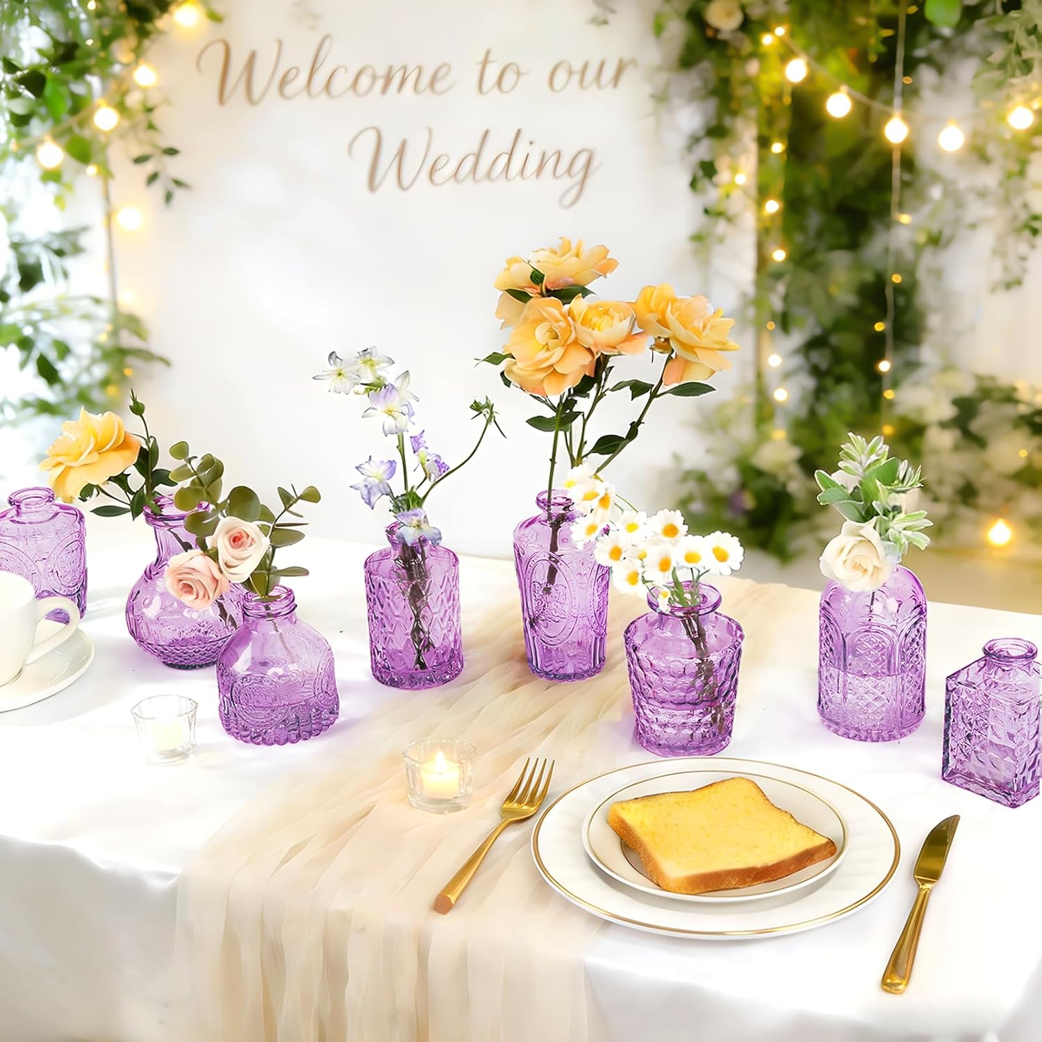 Violet Purple Glass Bud Vases in Bulk 24, Vintage Small Vases for Flowers, Table Centerpieces, Mini Flower Vase Bottle Decorative Vase Set for Wedding, Party, Baby Shower, Holiday, Home Decor