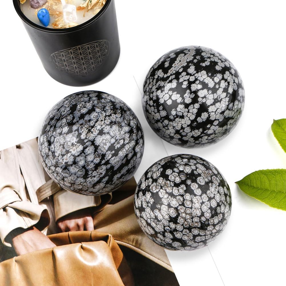 Crystal Gemstone Snowflake Obsidian Ball Stone Crystal Ball Divination Sphere for Home Office Decor