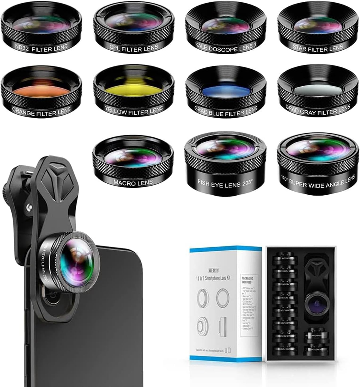 Apexel 11 in 1 Smartphone Photography Set, Camera Lens for Smartphones, Wide Angle Lens + Fisheye Lens + Macro Lens + CPL + Flow, Kaleidoscope, Star Lens + Color Lens + Compatible with iPhone, Android Tablets and More