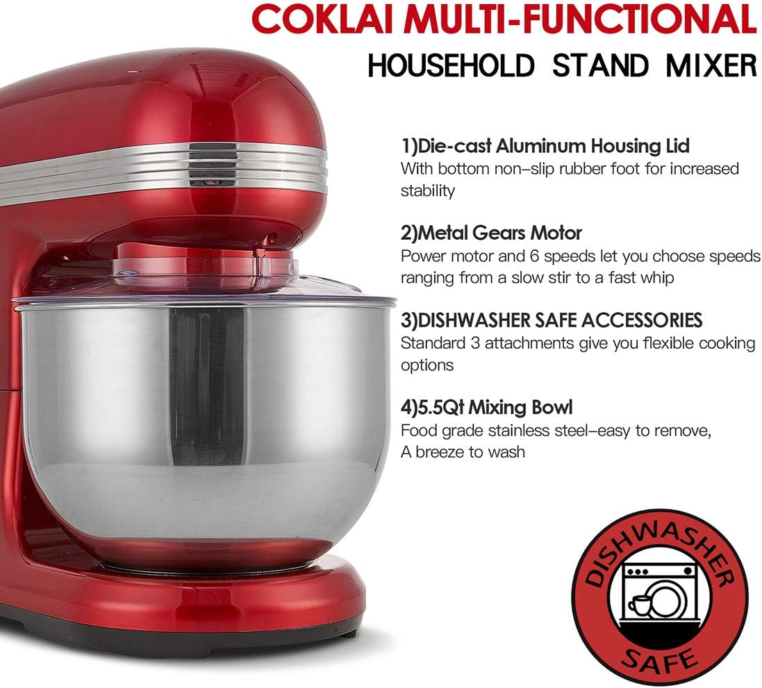 Amazing 🔥 Stand Mixer, COKLAI 6 Speed 5.5-QT Dough Mixer Metal Lid with Stainless Steel Bowl, Tilt-head Electric Kitchen Mixer with Wire Whisk, Dough Hook, Flat Beater & Splash Guard, Red Food Mixer for Baking Weekly Top Sale Stand Mixer, COKLAI 6 Speed 5.5-QT Dough Mixer Metal Lid with Stainless Steel Bowl, Tilt-head Electric Kitchen Mixer with Wire Whisk, Dough Hook, Flat Beater & Splash Guard, Red Food Mixer for Baking