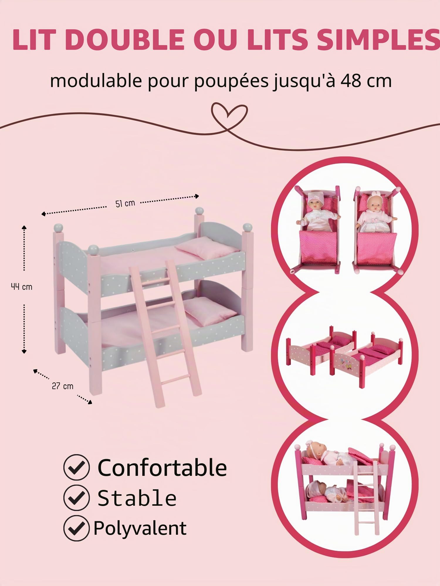 Bayer Chic 2000 513 91 Lit superposé pour poupée 3 Ans à 8 Ans Gris Puntos Grey Petit modèle